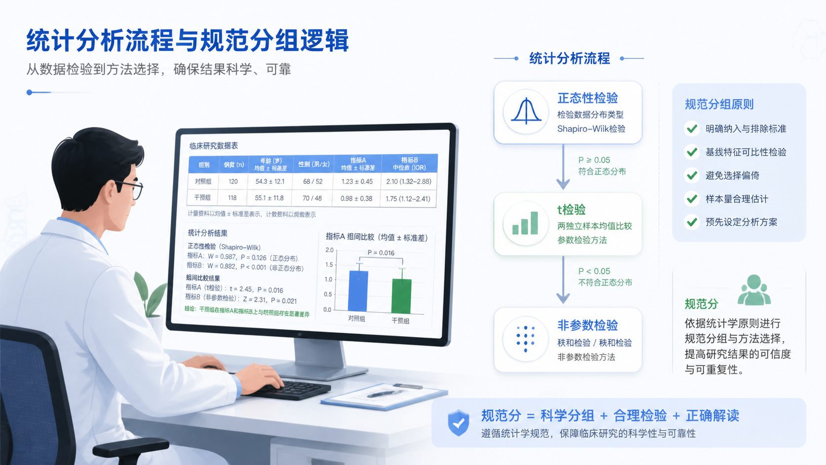 一位研究者在电脑前整理临床统计表格，旁边显示“正态性检验、t检验、非参数检验”流程图，强调规范分析与科研效率。