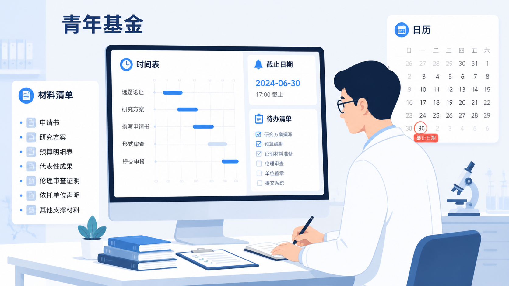 科研人员在电脑前核对青年基金申报时间表、材料清单和日历，画面专业简洁，突出时间管理主题