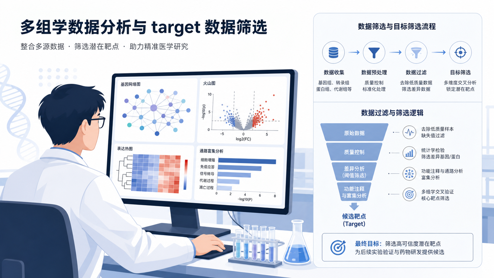 科研人员在电脑前分析多组学数据，旁边显示基因网络、火山图和筛选流程图，突出“target数据筛选”场景。