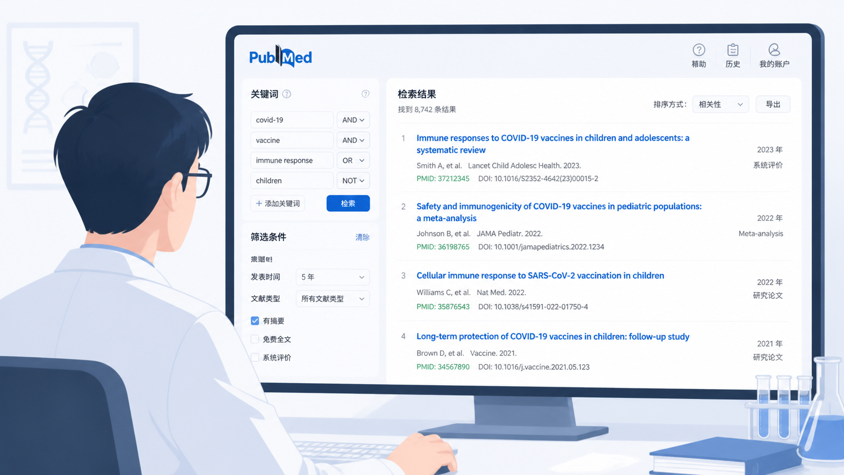 科研人员在电脑前检索数据库，屏幕展示关键词筛选、布尔逻辑和结果列表的界面，整体风格专业简洁。
