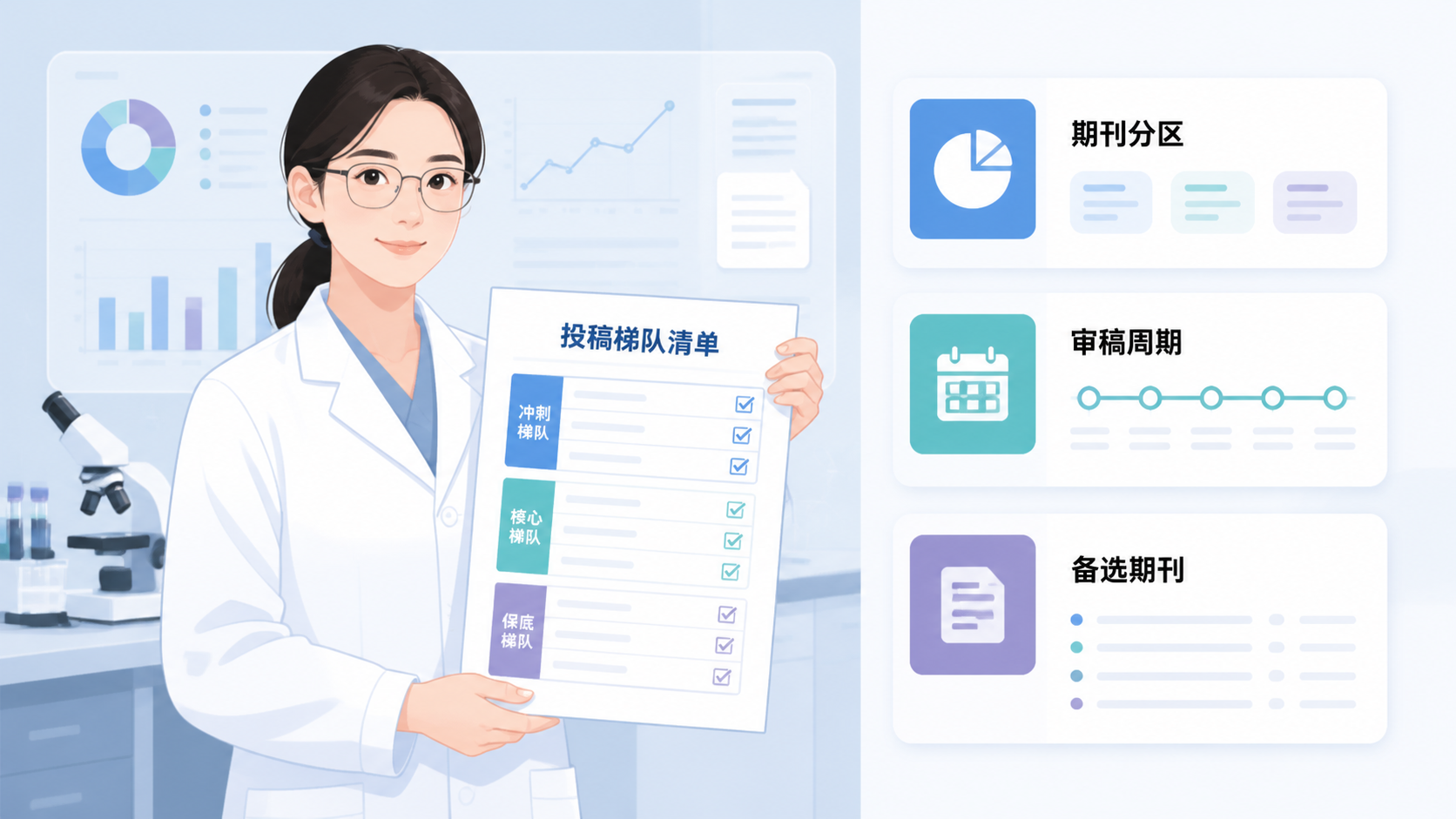 检验科科研人员手持一份已整理好的投稿梯队清单，旁边显示期刊分区、审稿周期和备选期刊列表，画面传达“有计划投稿更高效”