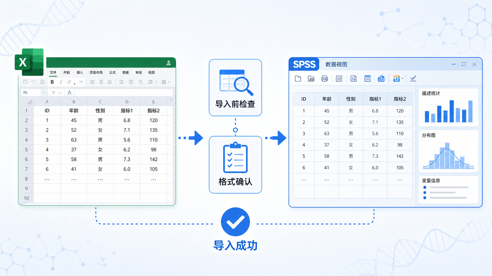 一张Excel表格到SPSS或生信分析软件的数据导入流程示意图，突出“导入前检查、格式确认、成功进入分析”的步骤感。