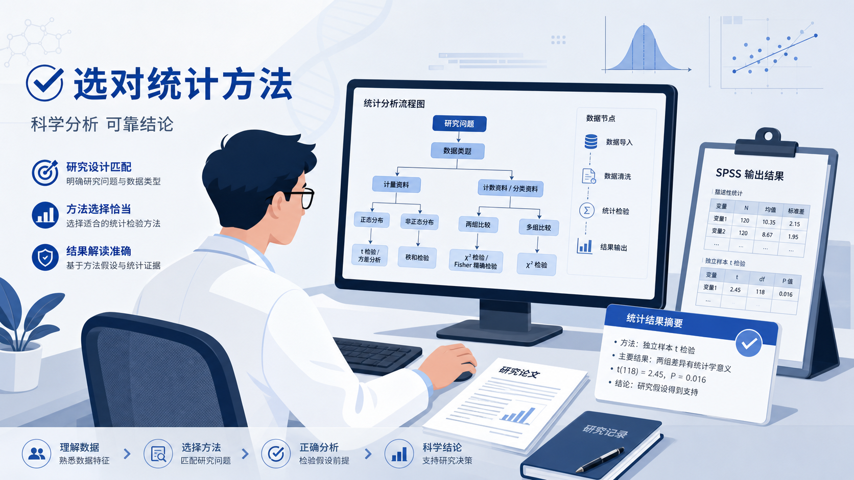 科研人员在电脑前整理统计分析流程图，旁边展示论文、SPSS输出表和“选对统计方法”的提示，传达专业支持与效率提升。