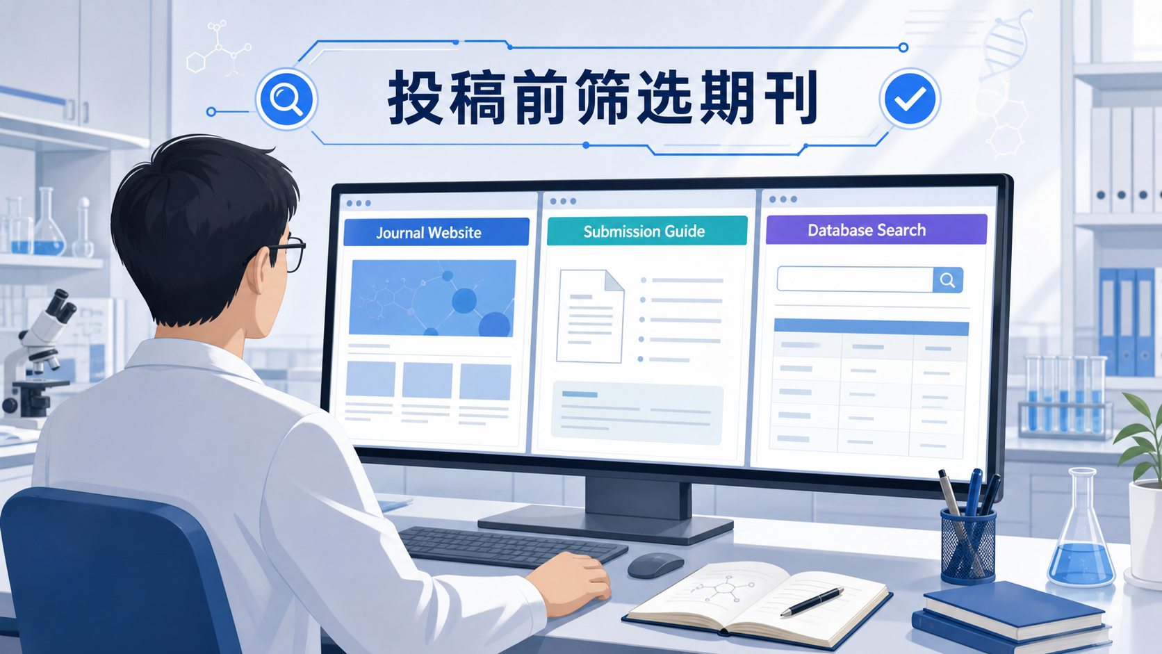 实验室电脑前，研究者同时打开期刊官网、投稿指南和数据库检索页面，突出“投稿前筛选期刊”的场景。
