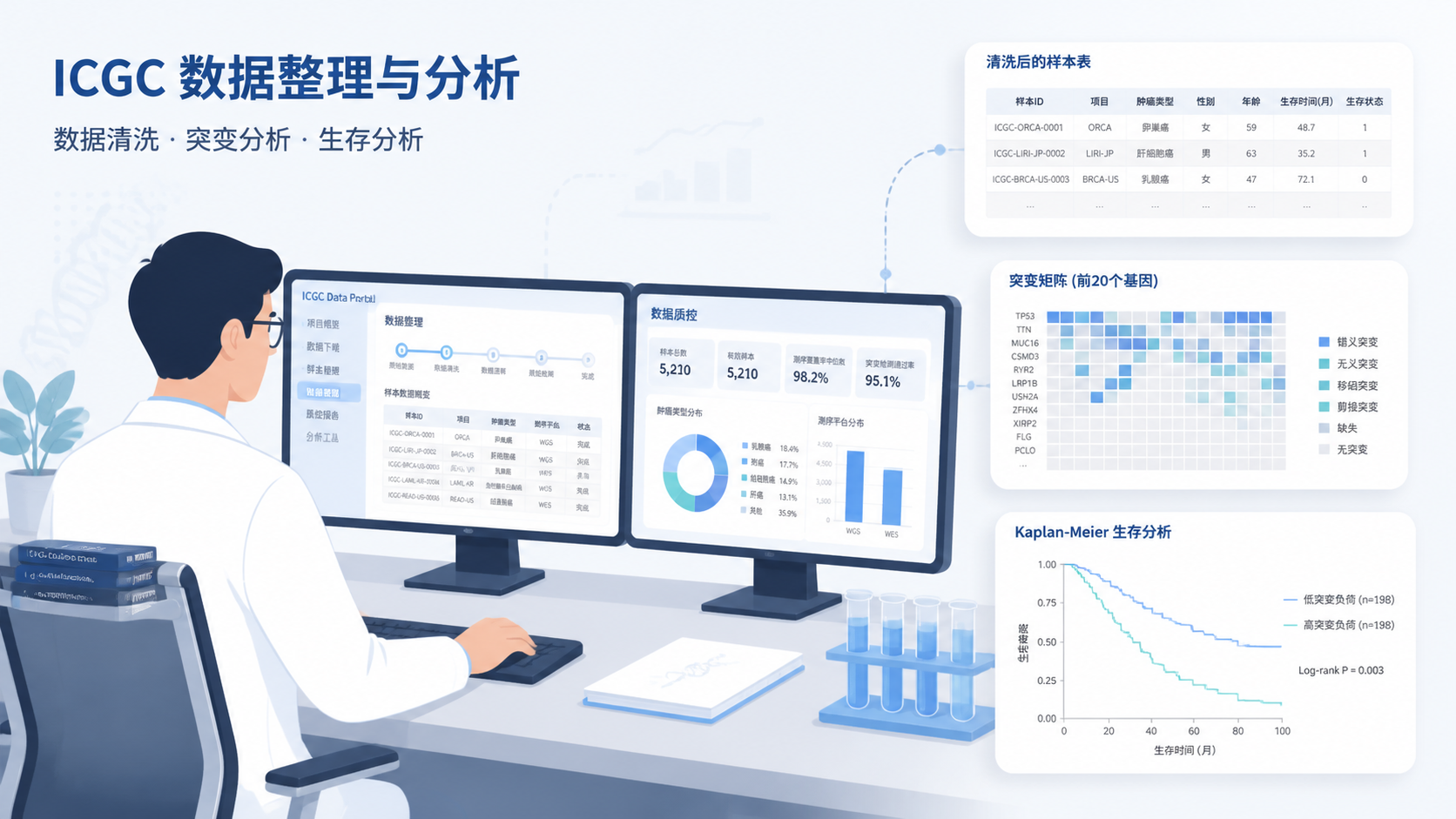 科研人员在电脑前整理ICGC数据的场景，旁边展示清洗后的样本表、突变矩阵和生存分析结果图。