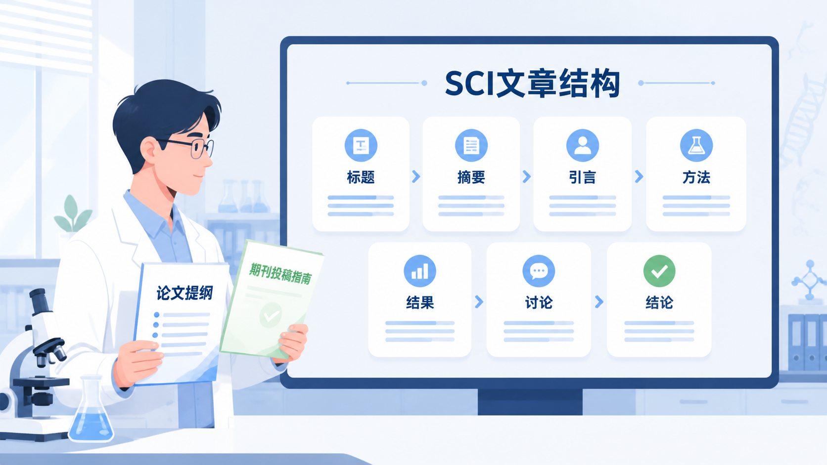 科研人员手持论文提纲与期刊投稿指南，屏幕上展示SCI文章结构模块