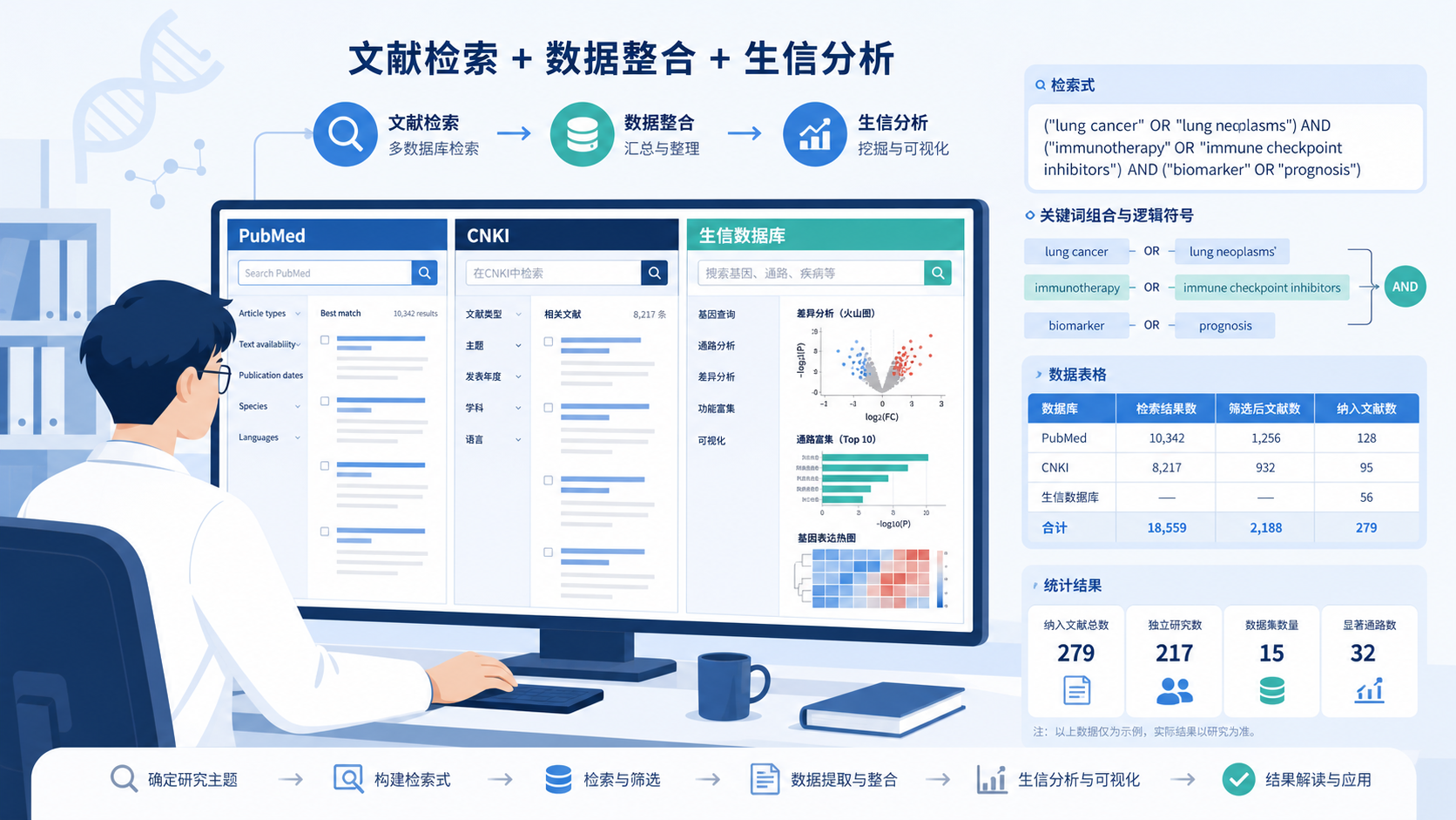 科研人员在电脑前同时打开PubMed、CNKI和生信数据库界面，旁边有检索式和数据表格示意，突出“检索—筛选—实操”的学习场景。