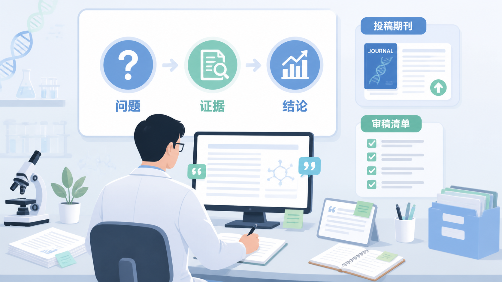 科研人员整理论文框架图，屏幕上展示问题、证据、结论三步结构，旁边有投稿期刊和审稿清单元素，整体干净利落。