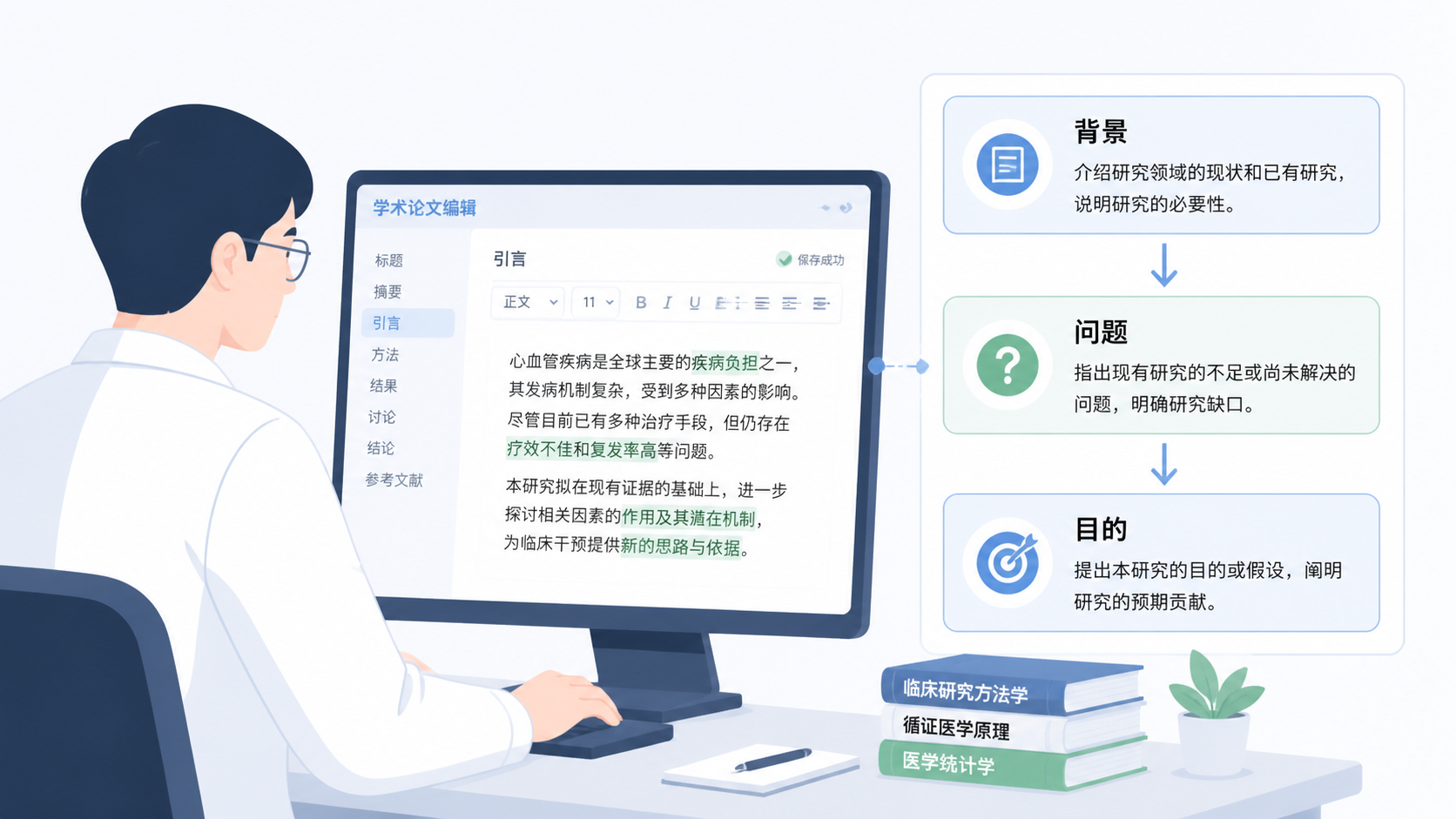 科研人员在电脑前修改论文引言，旁边展示“背景-问题-目的”三层结构示意图