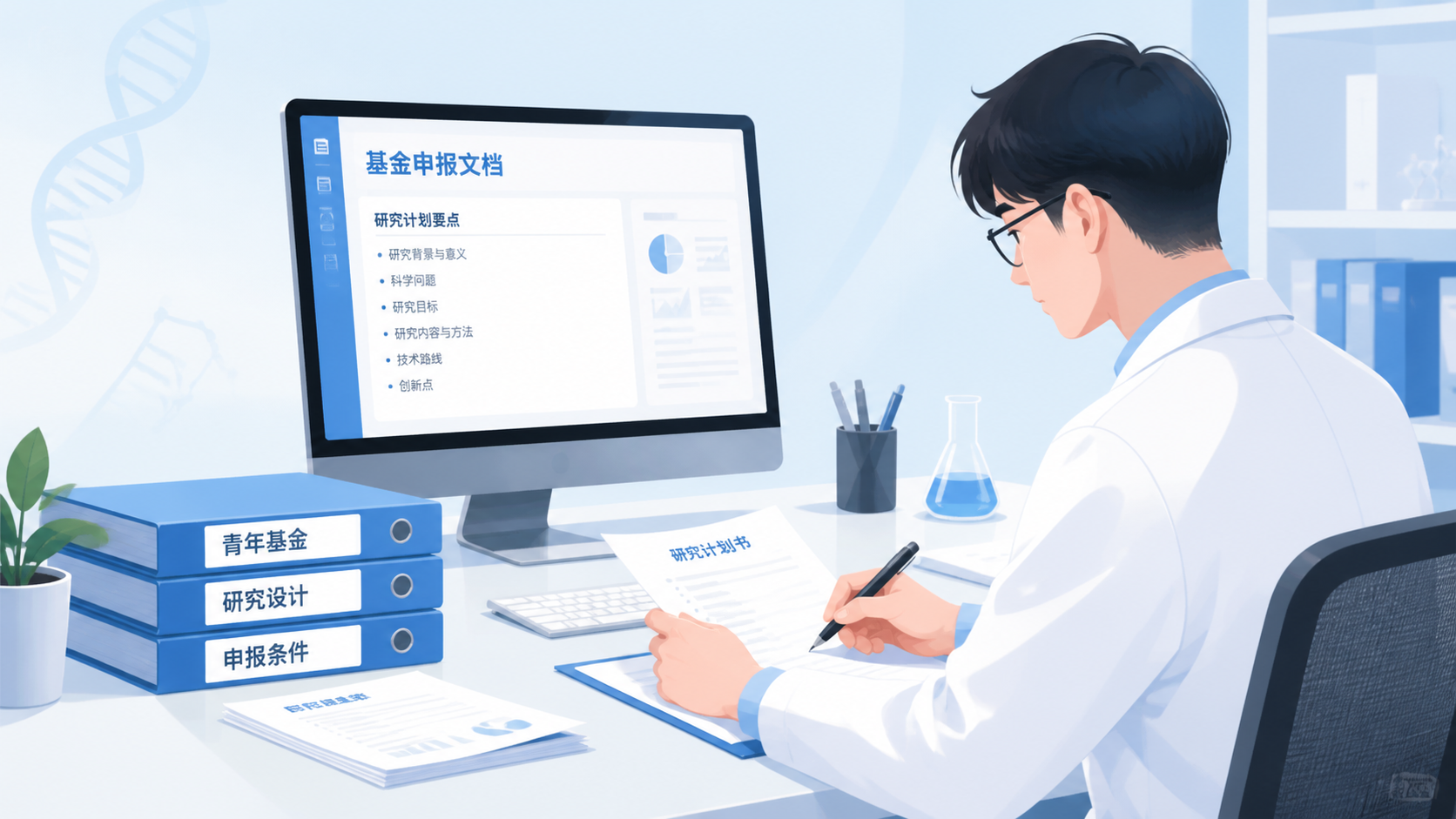 青年医生或科研人员在电脑前整理基金申请书，旁边有“青年基金”“研究设计”“申报条件”字样的文档，体现专业咨询与标书优化场景