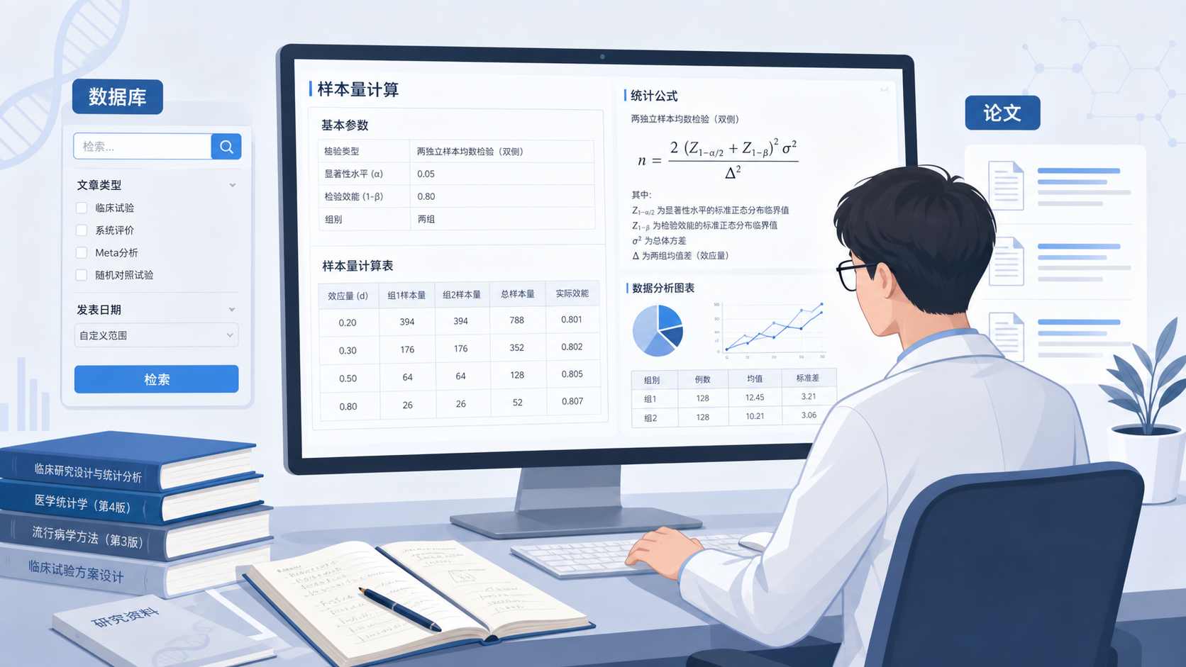 医学研究者在电脑前查看统计公式和样本量计算表，旁边有论文与数据库界面