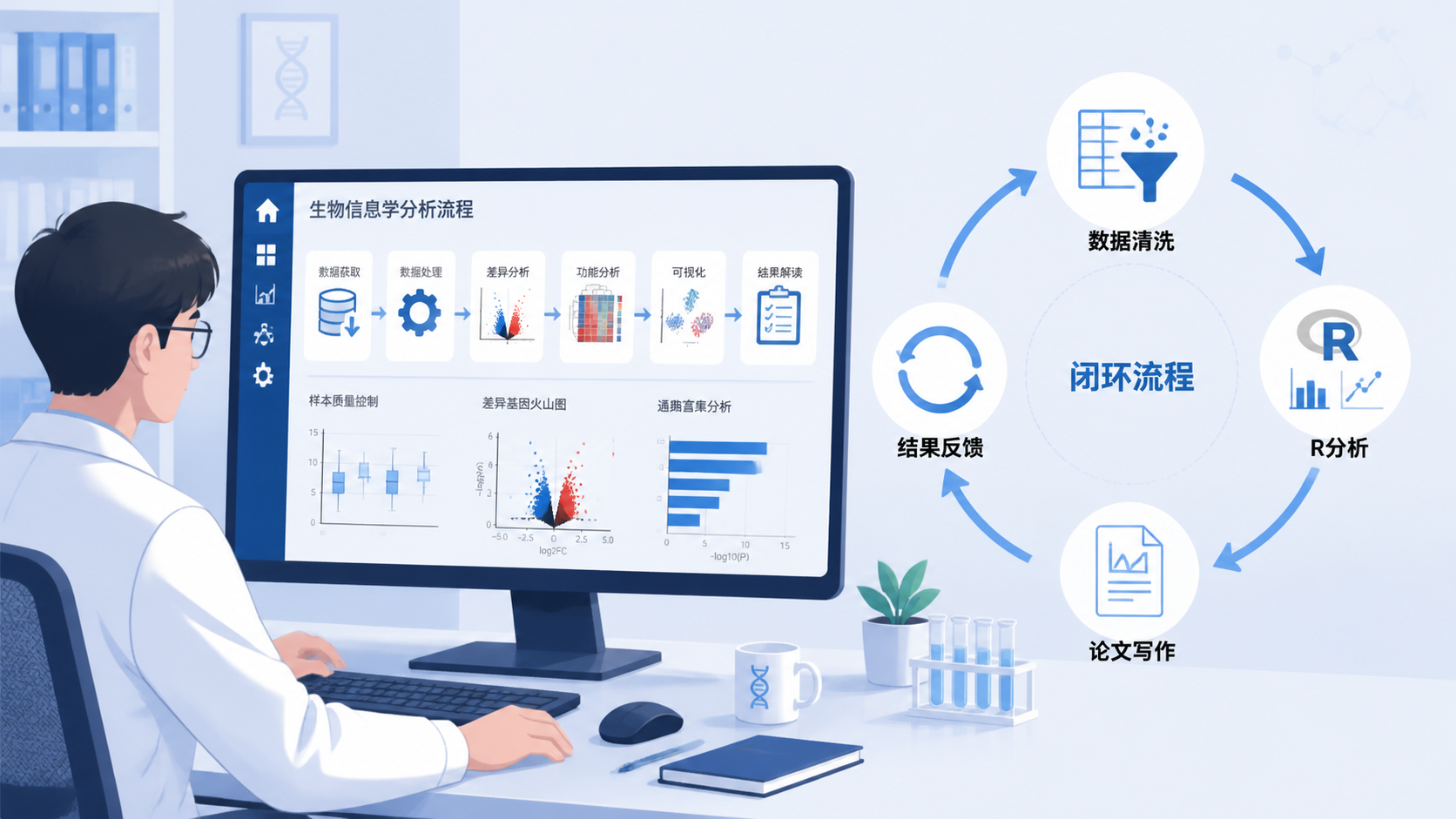 科研人员在屏幕前查看生信分析流程图,旁边展示数据清洗、R分析和论文写作的闭环示意图
