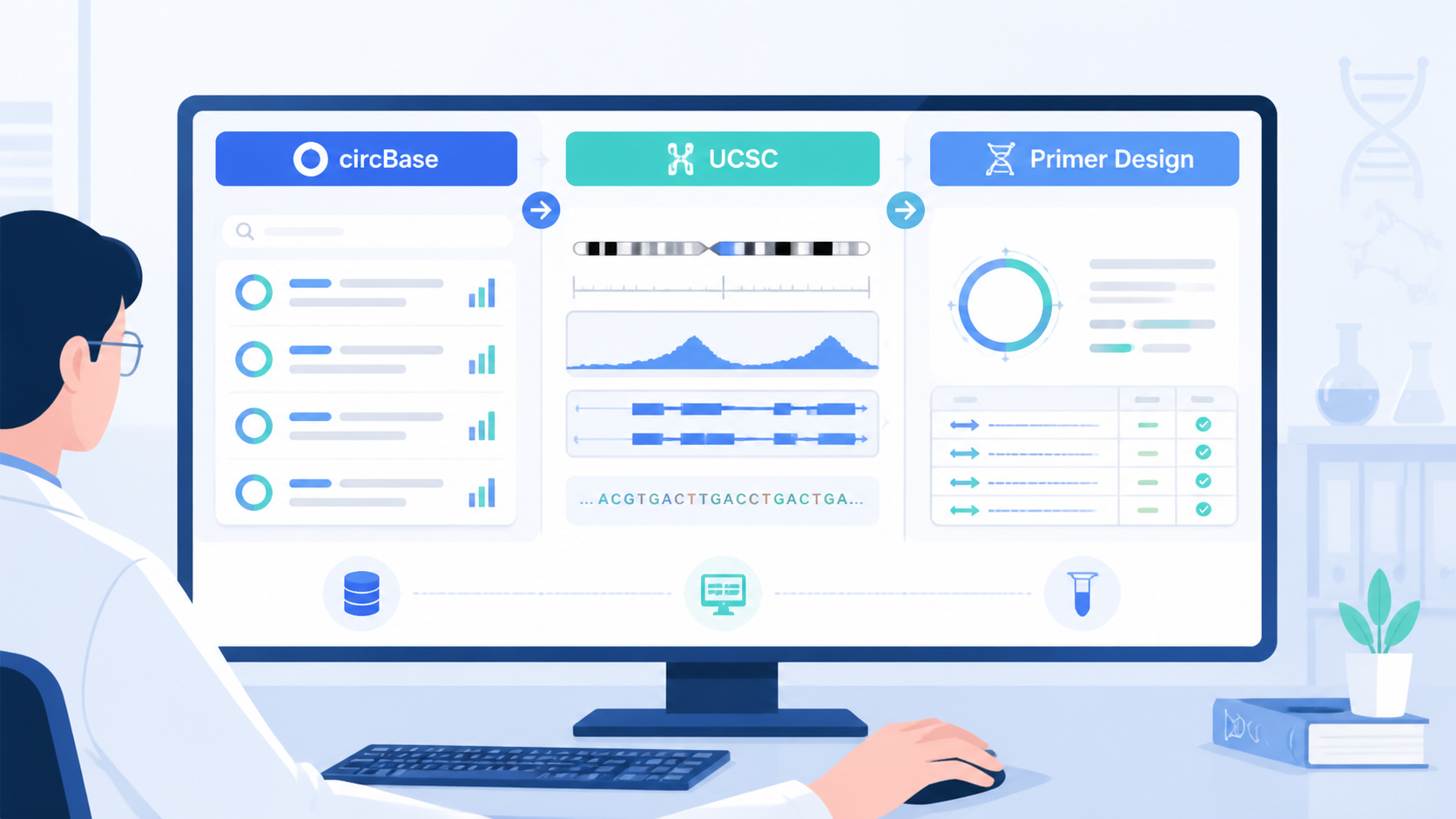 科研人员将 circBase 检索结果、UCSC 序列页面和引物设计界面整合在同一屏幕上，体现从查询到实验设计的完整流程。