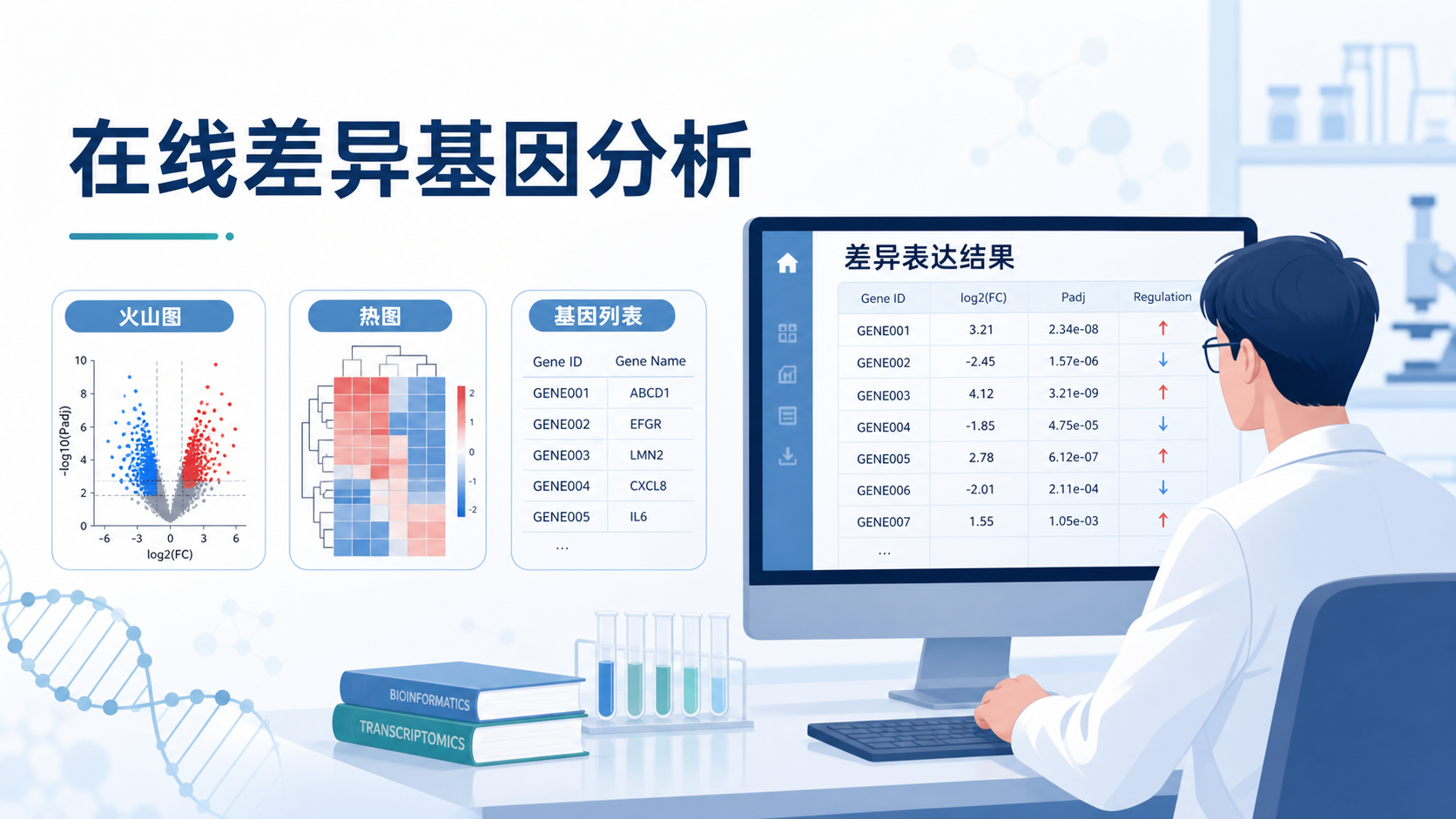 实验室研究人员在电脑上进行转录组数据分析，界面展示火山图、热图和基因列表，突出“在线差异基因分析”场景。