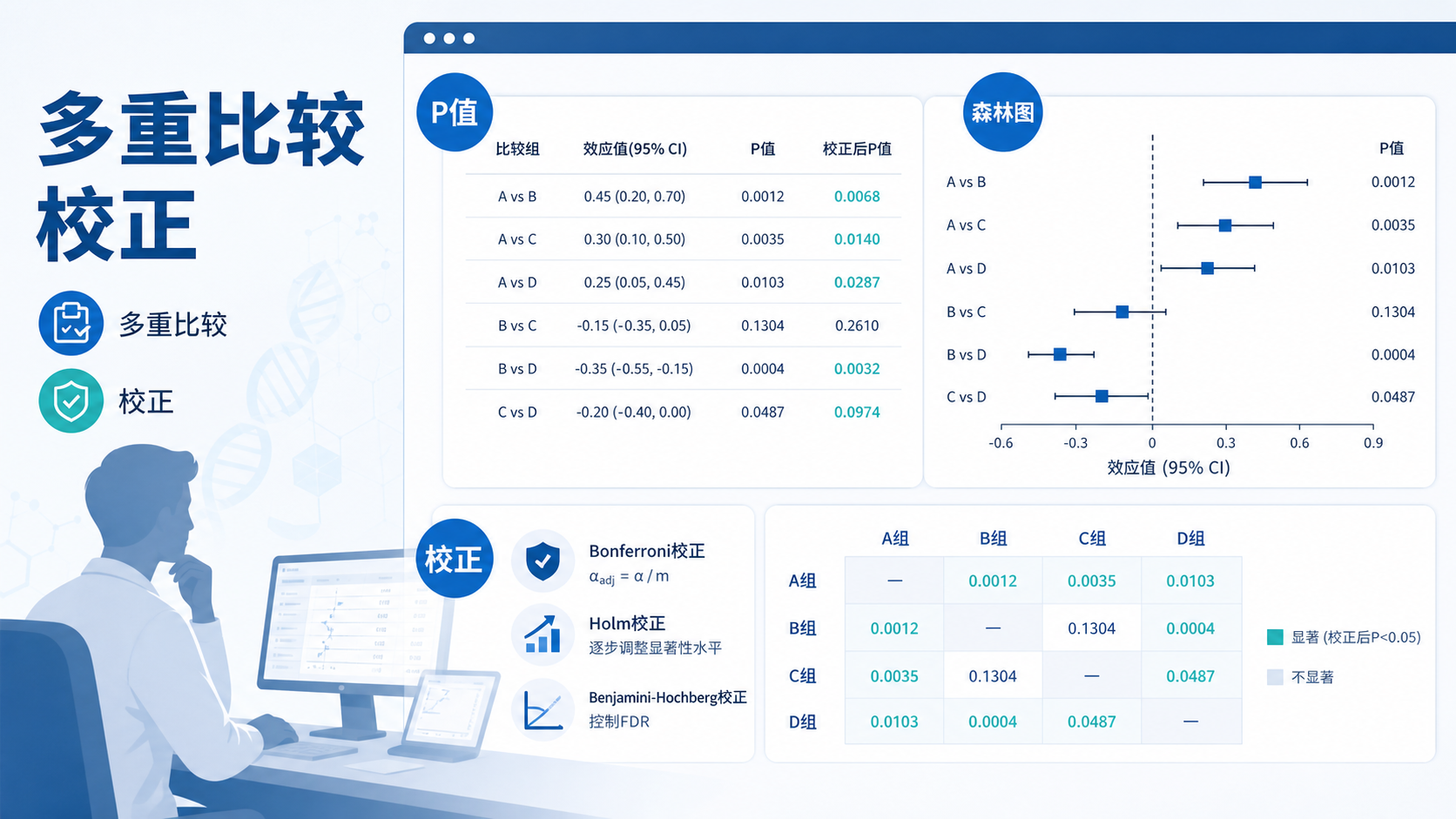 临床研究数据分析场景，屏幕上显示多组P值、森林图和统计软件界面，突出“多重比较”和“校正”概念