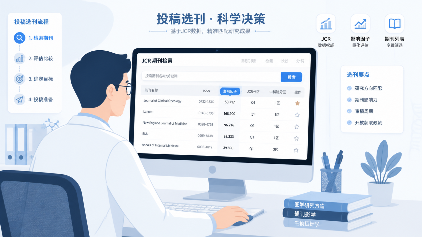 科研人员在电脑前检索期刊信息，屏幕上显示JCR、影响因子和期刊列表，突出“投稿选刊”场景。