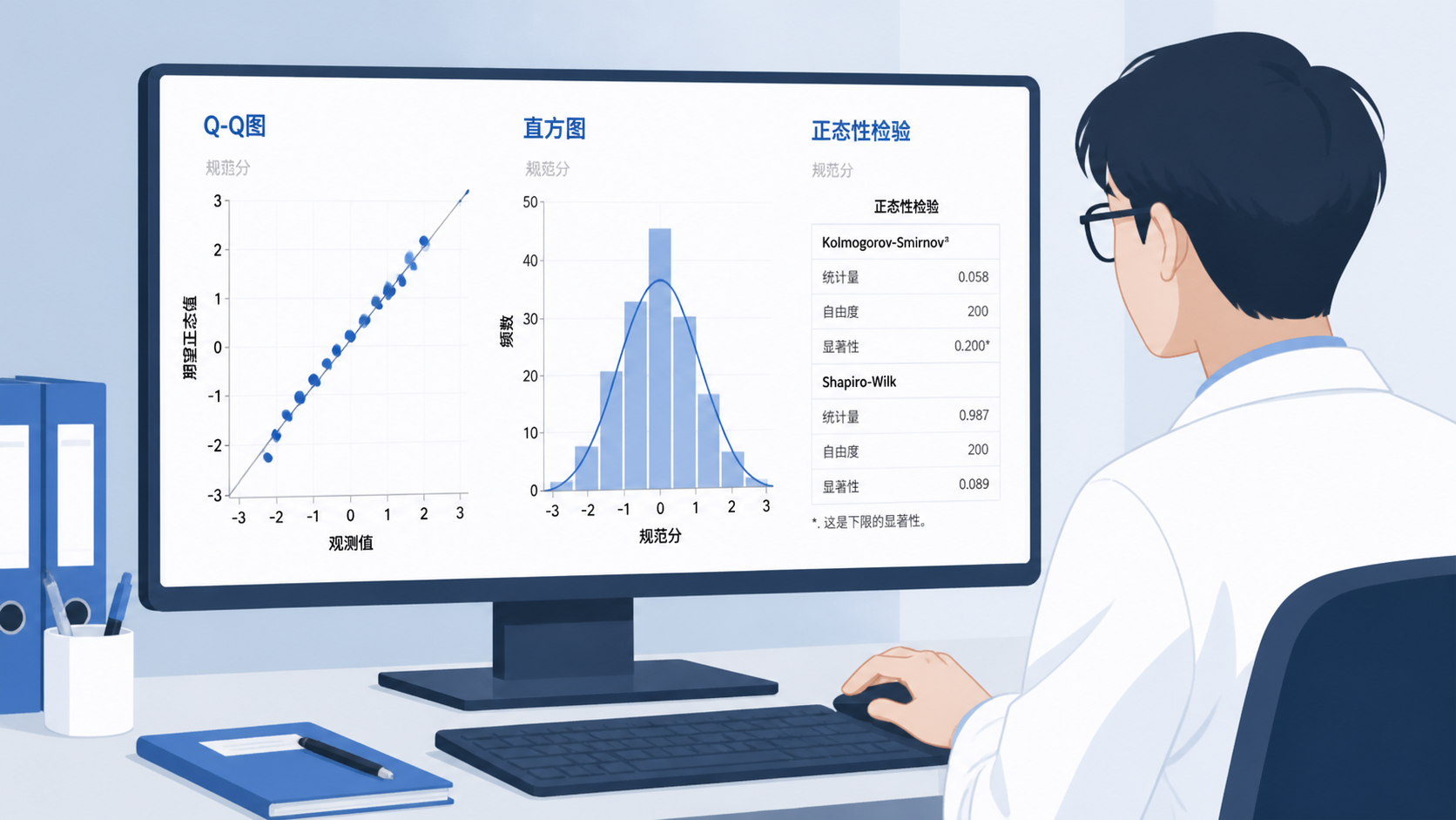 科研人员在电脑前查看SPSS输出结果，屏幕上同时显示Q-Q图、直方图和正态性检验表格，突出规范分析流程