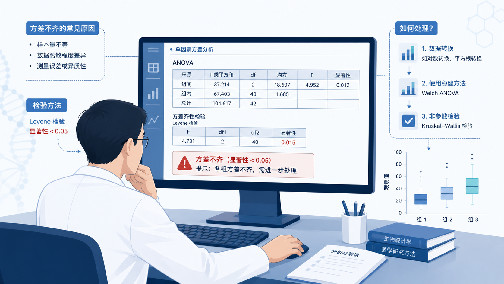 科研人员在电脑前查看SPSS方差分析输出结果,旁边标注“方差不齐”“如何处理”等关键词,突出统计分析场景。