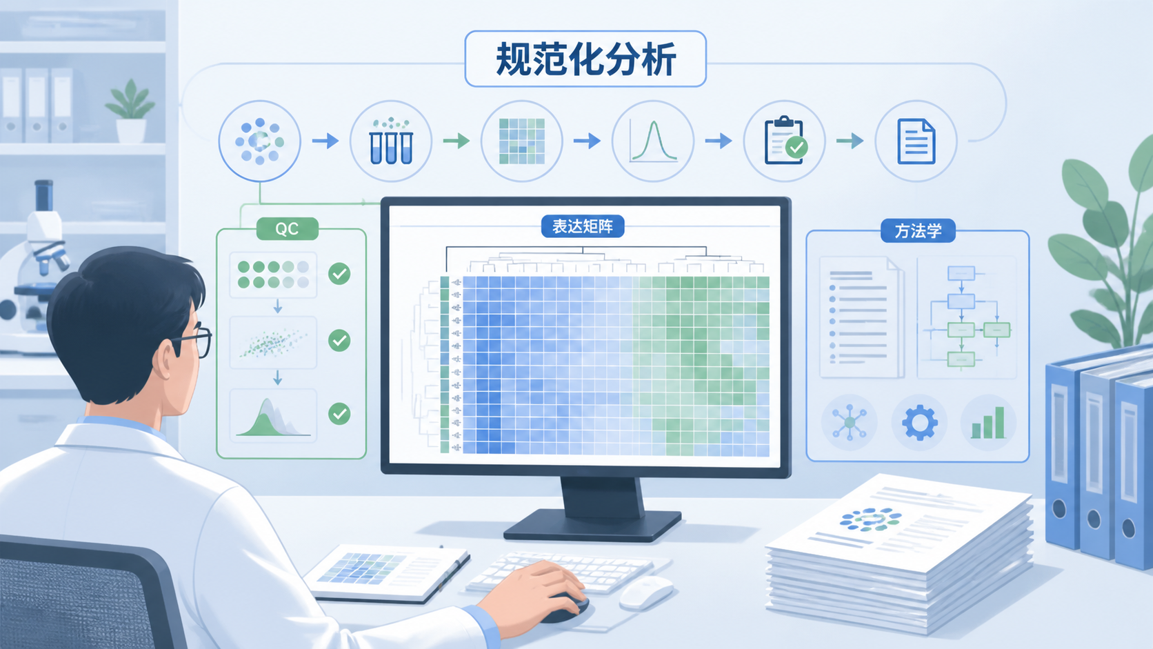 科研人员整理分析流程图，旁边展示标准化后的表达矩阵热图、QC流程和方法学文档，体现“规范化分析”与产品支持