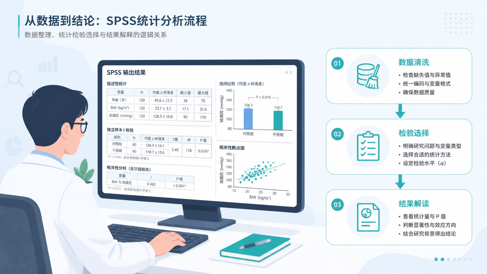 科研人员在电脑前查看SPSS输出结果，旁边有流程图，突出数据清洗、检验选择和结果解读。