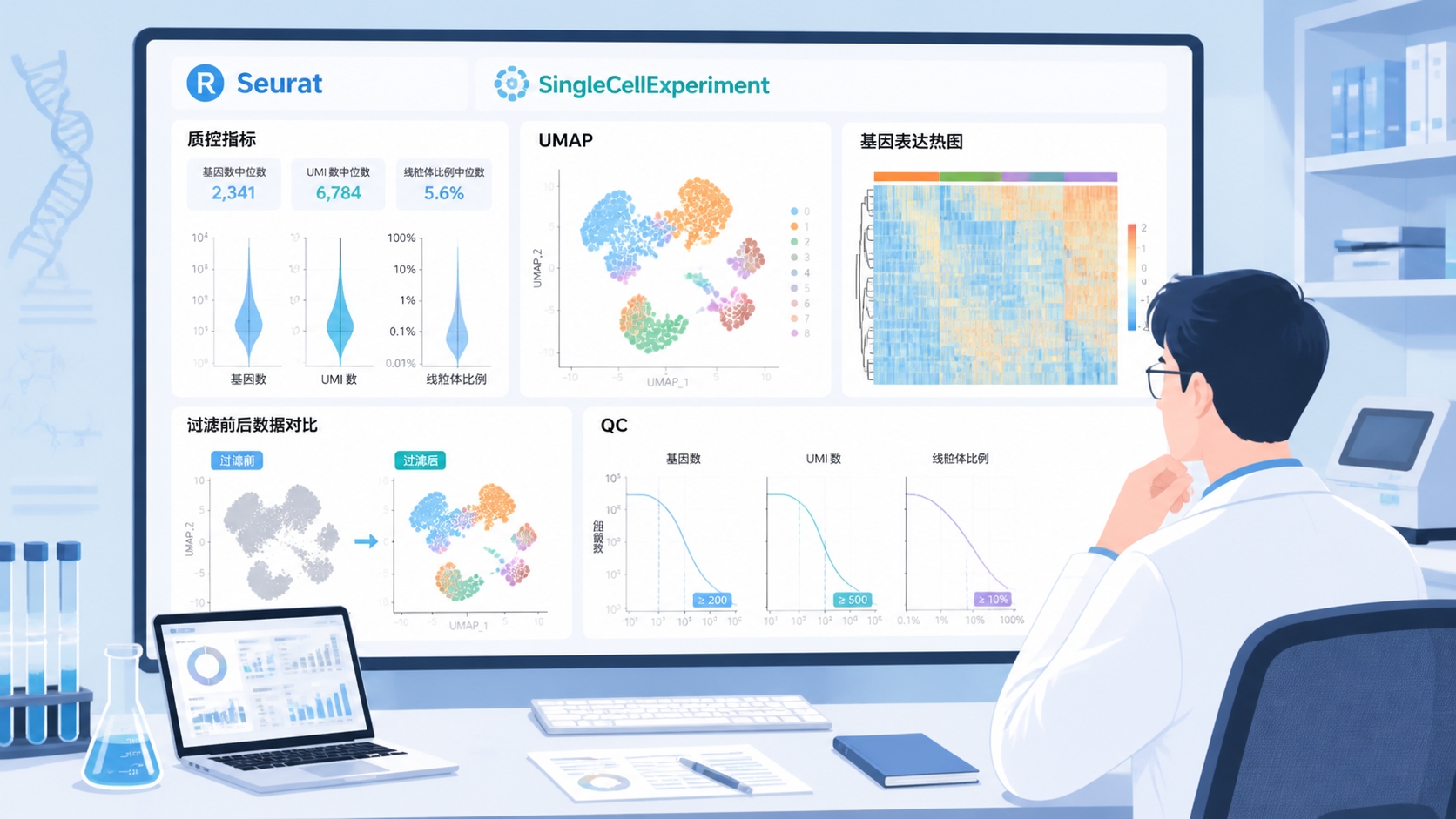 实验室数据分析场景图，屏幕展示Seurat、SingleCellExperiment、质控指标和基因矩阵结构示意图，突出单细胞分析流程