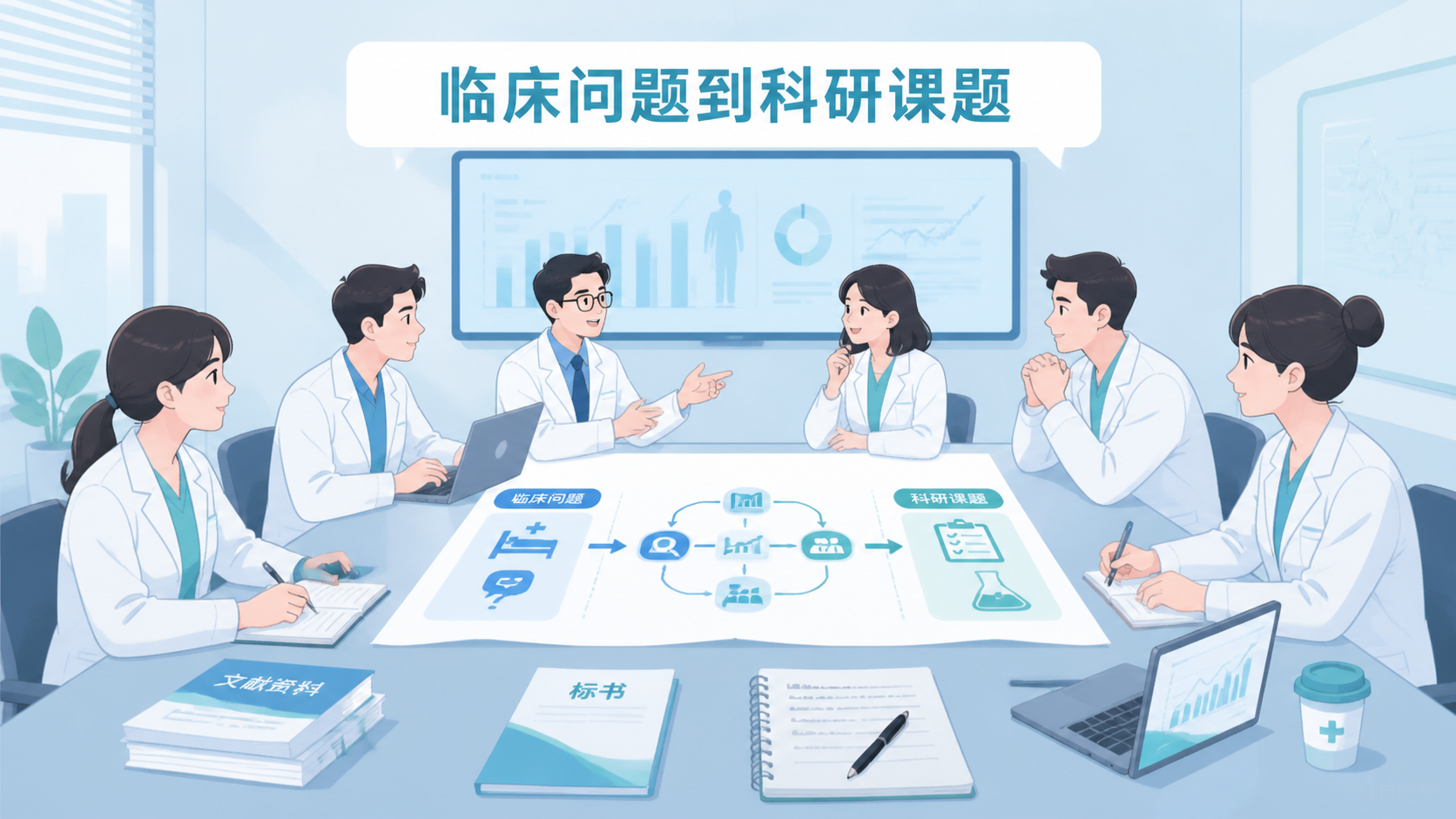 医学生或科研人员在会议室中围着课题思维导图讨论，桌面上有文献、标书和笔记本电脑，突出“临床问题到科学问题”的转化过程