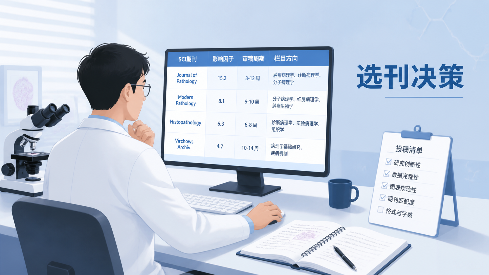 一位病理科医生在电脑前对比多个SCI期刊信息，旁边有显微镜、病理切片和投稿清单，突出“选刊决策”场景