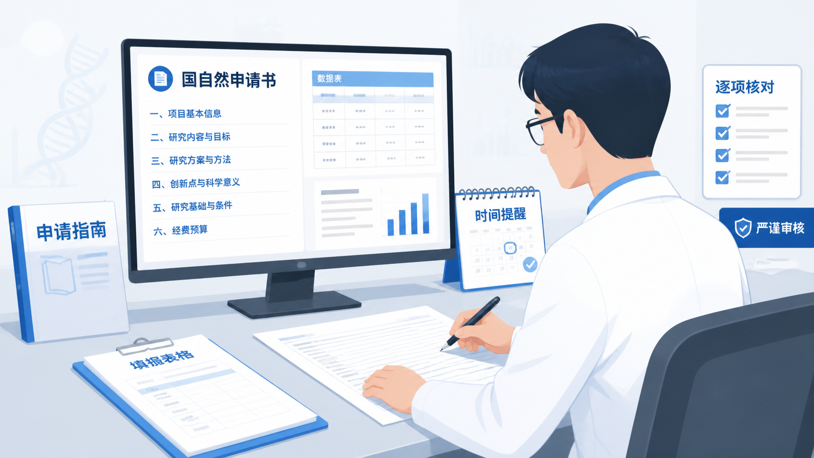科研人员在电脑前核对国自然申请书，旁边有指南、表格和时间提醒，突出严谨填报场景