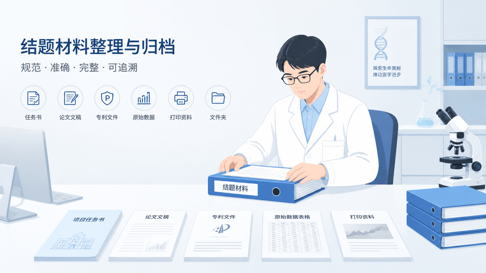 科研人员在整理结题材料，桌面上有项目任务书、论文、专利、原始数据和打印文件，画面专业简洁。