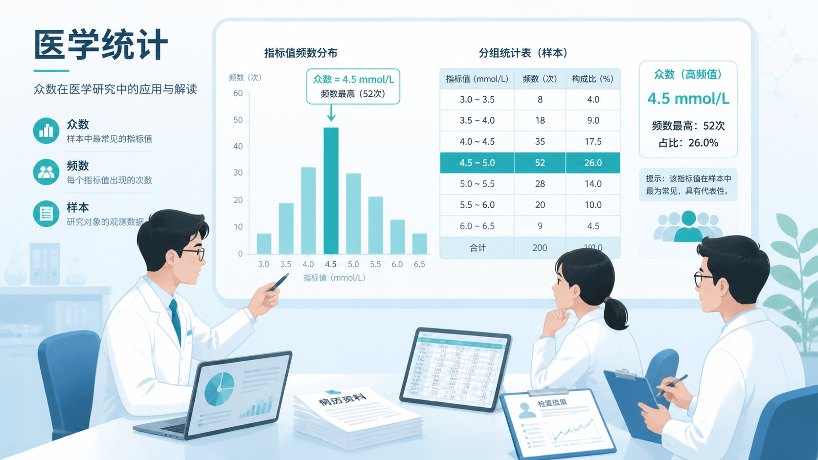 医学统计分析场景图，包含病历、数据表、柱状图和临床医生讨论数据的画面，突出“众数”在医学研究中的应用。