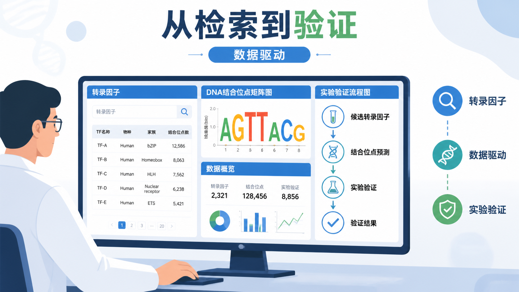 科研人员在电脑前查看转录因子数据库结果、矩阵图和实验验证流程图，整体风格专业简洁，突出“从检索到应用”的闭环