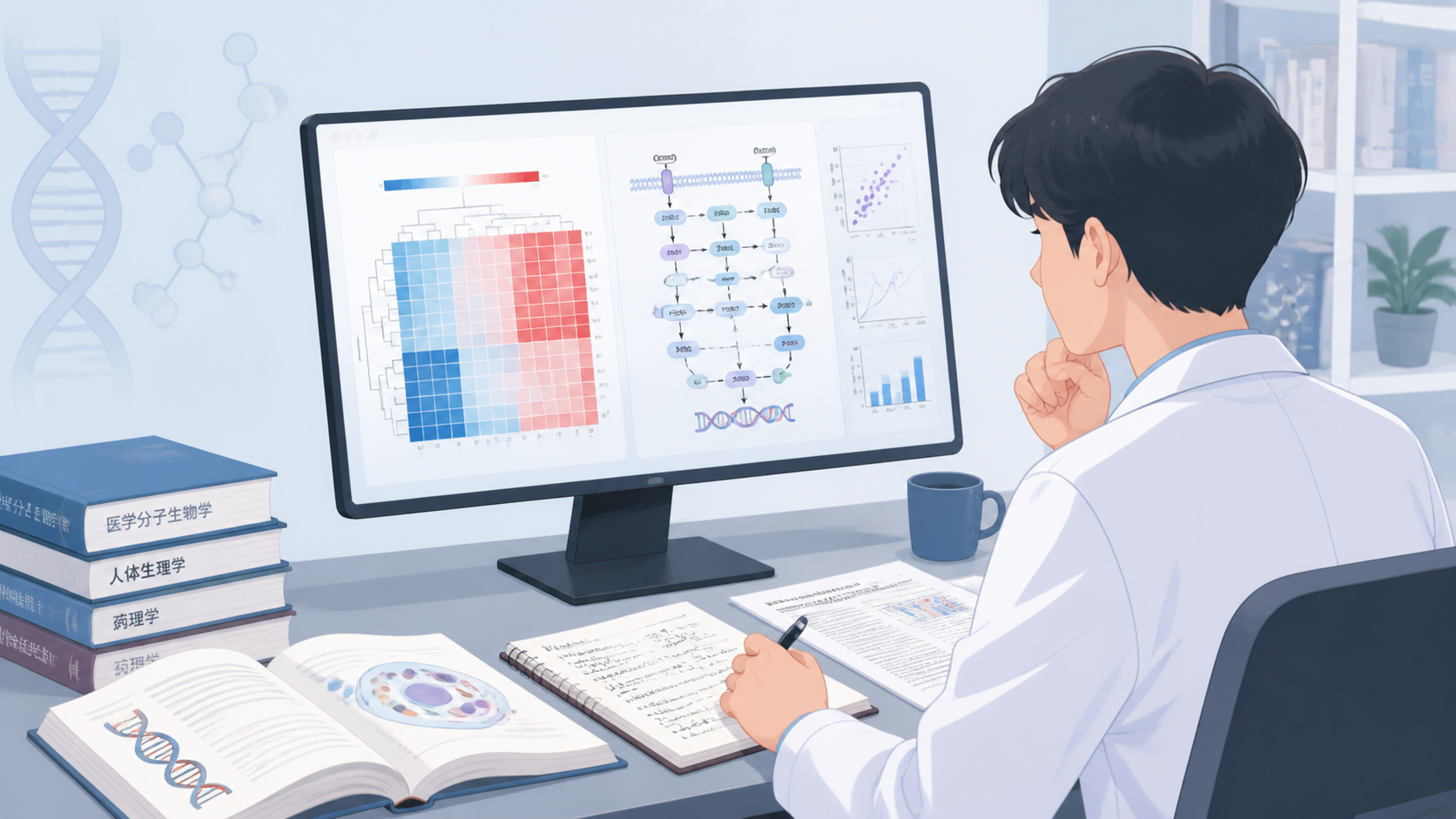 医学生在电脑前查看基因表达热图和分子通路示意图，旁边放有教材、笔记和科研论文，突出“从分子到数据”的学习场景