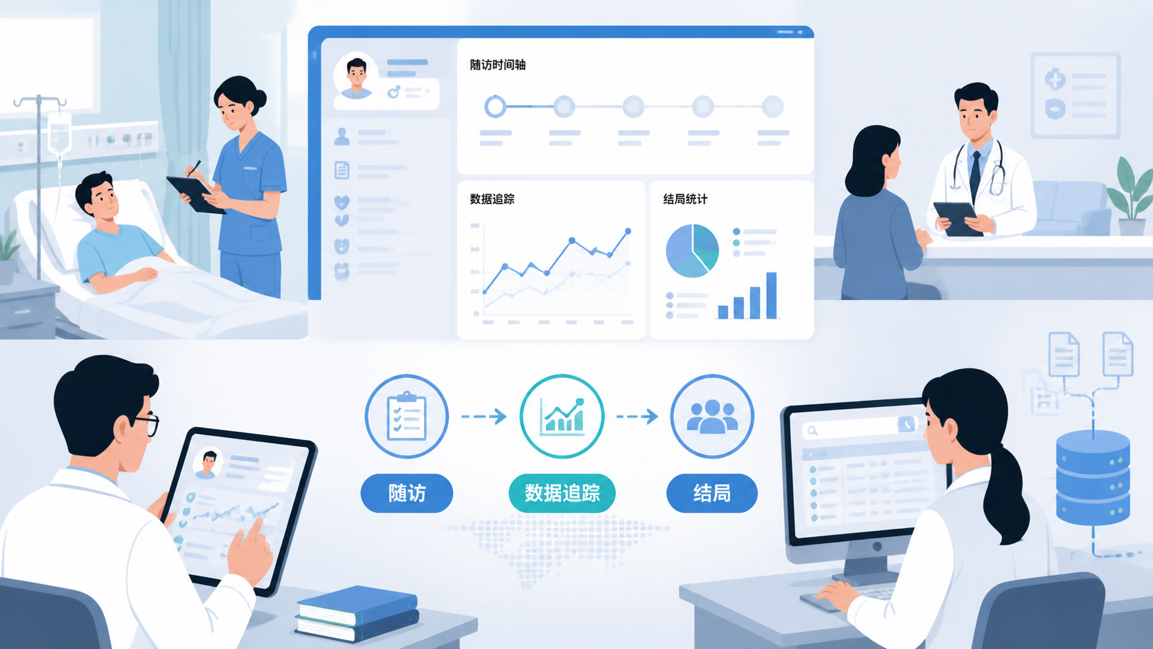 医护人员在病房、门诊和数据库界面之间进行随访记录与数据追踪的场景，突出“长期追踪、信息收集、结局观察”