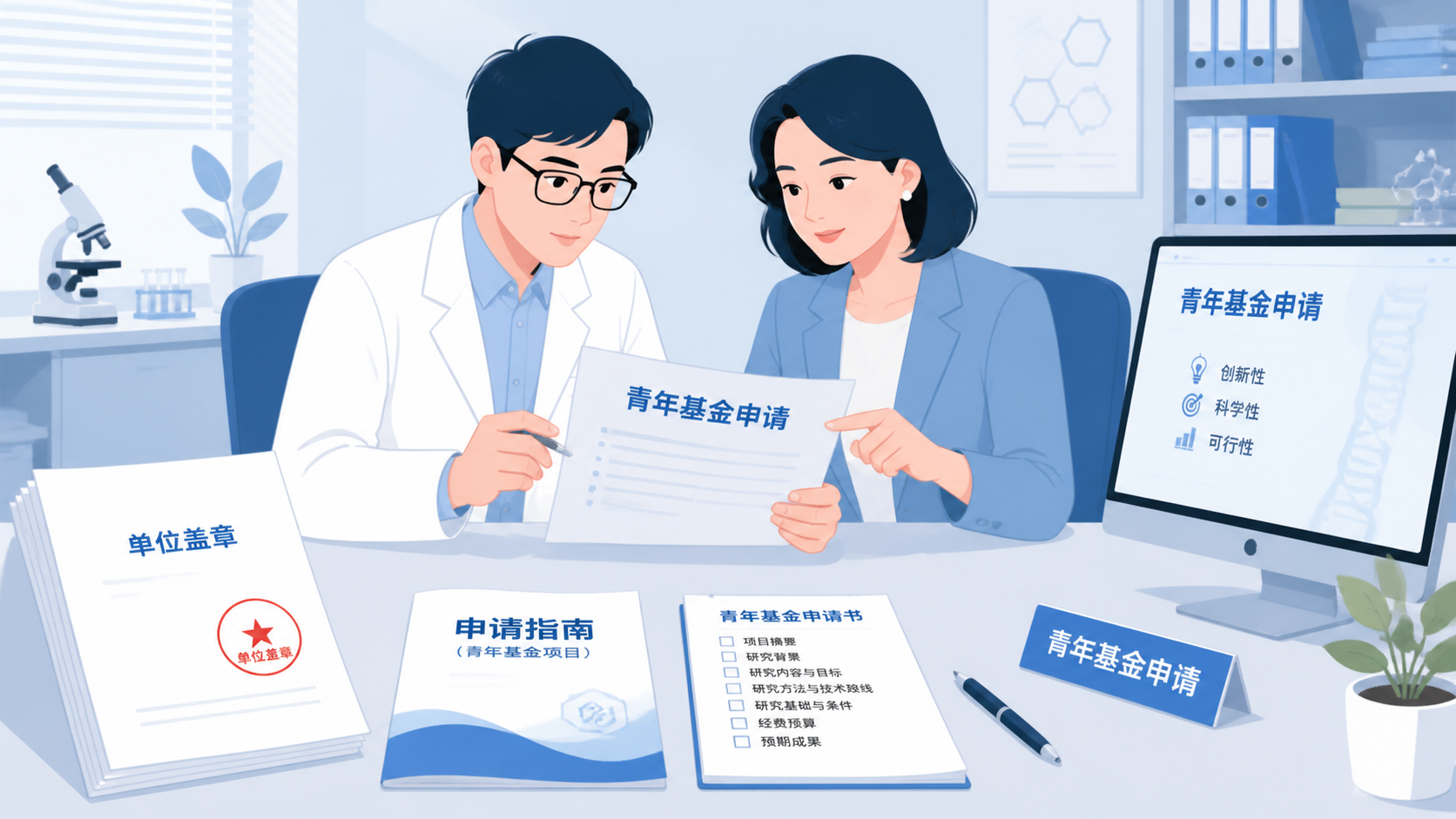 青年科研人员与科研管理老师一起核对青年基金申请书，桌面上有单位盖章文件、申请指南和电脑屏幕，画面体现规范申报与专业支持