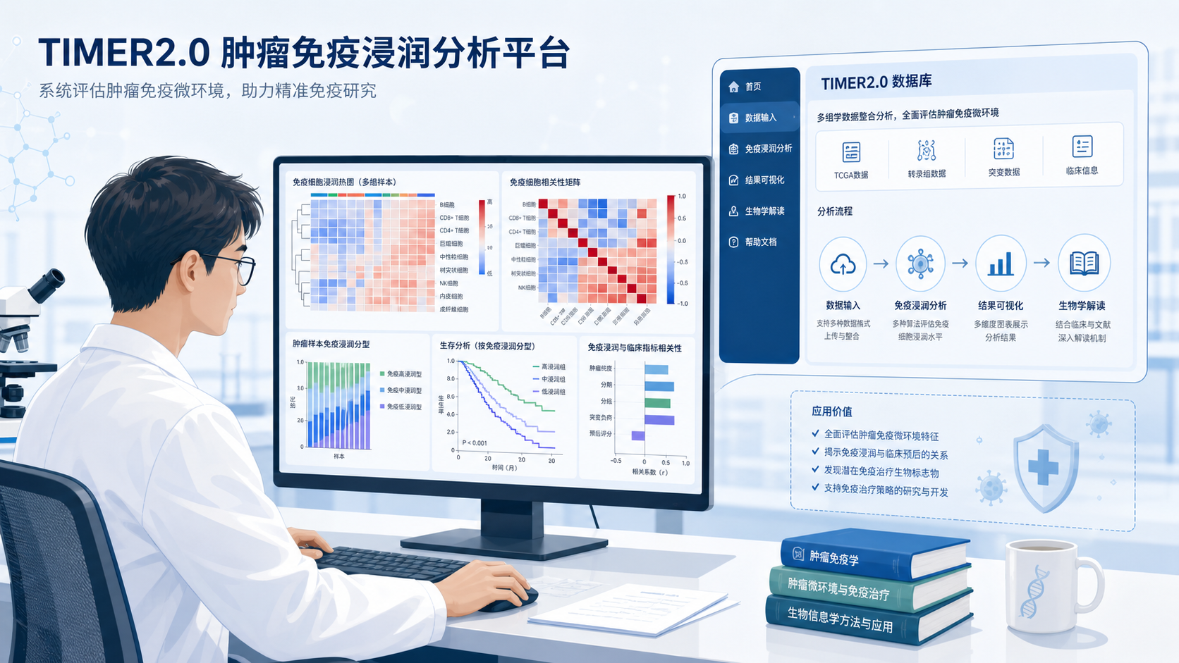 科研人员在电脑前查看肿瘤免疫浸润图谱，旁边展示TIMER2.0数据库界面和分析流程示意图