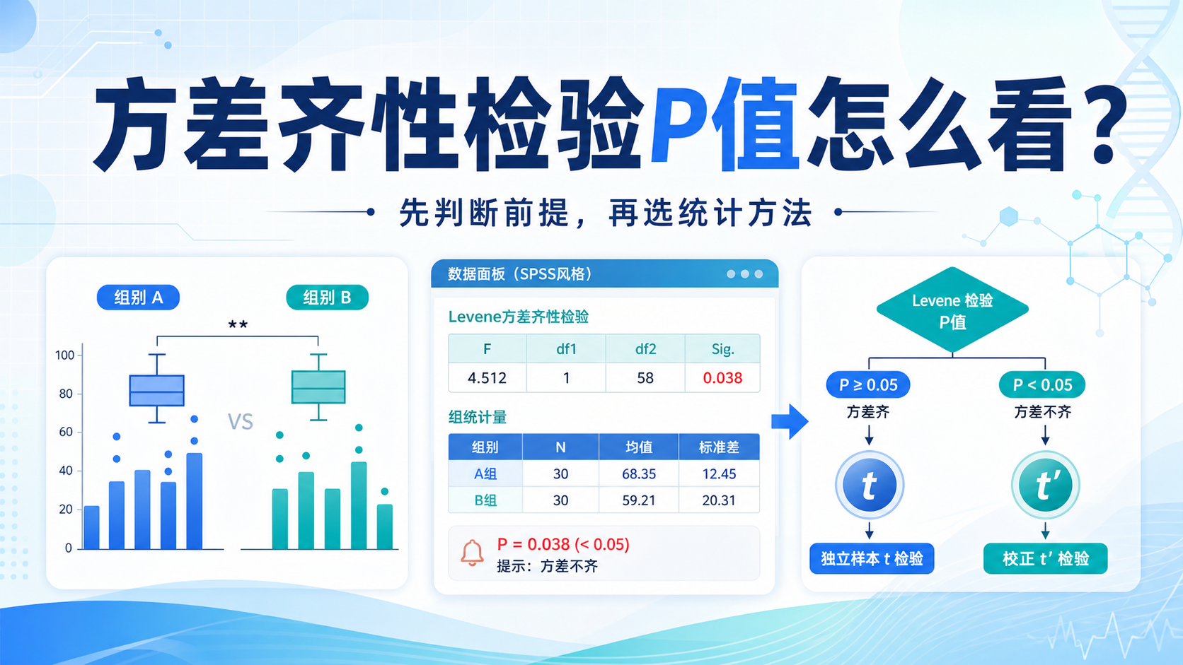 方差齐性检验p值判断为何决定统计结论？