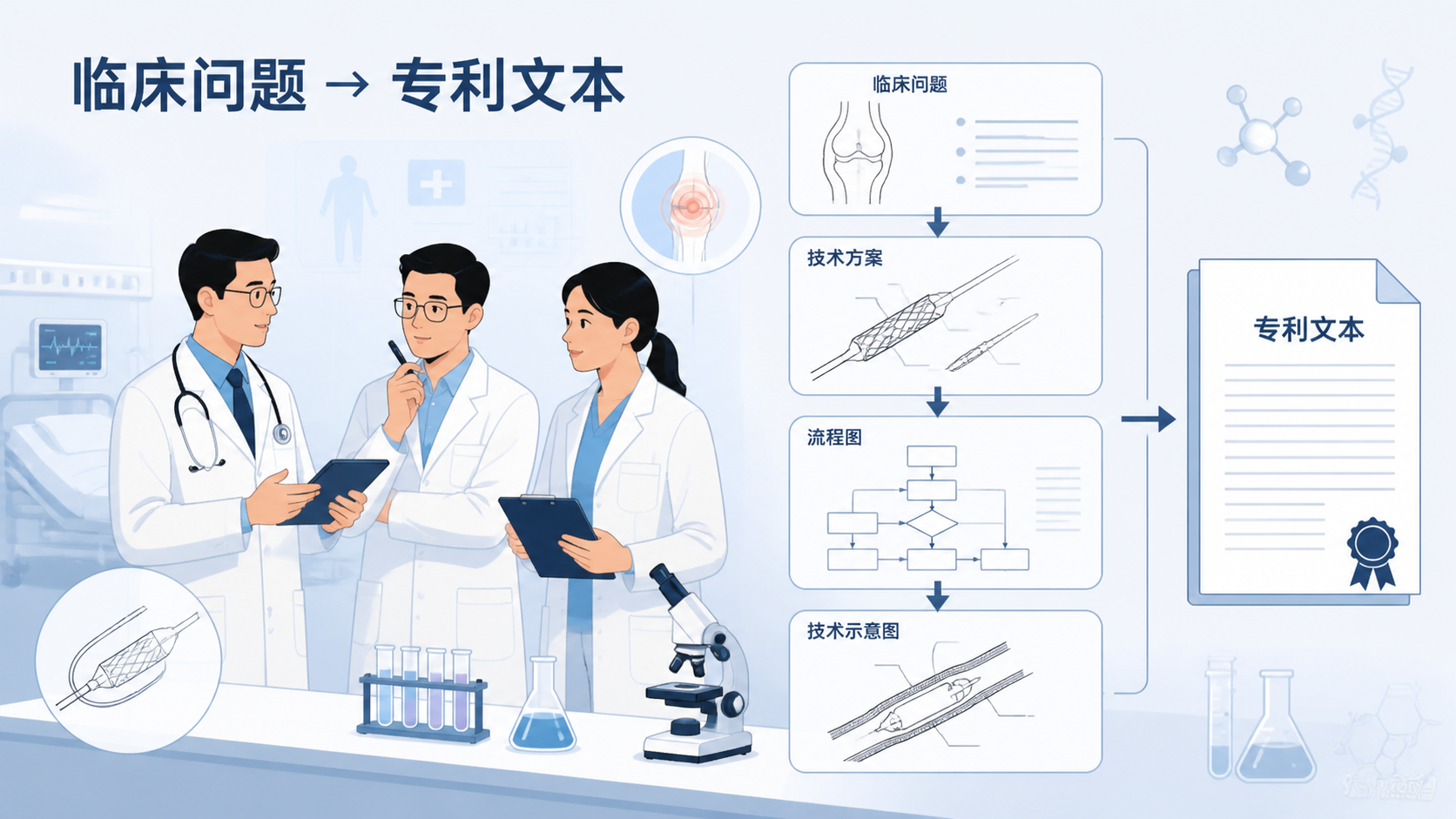 医生、科研人员在实验室或病房前讨论技术方案，旁边有专利文档与结构草图，突出“从临床问题到专利文本”的转化场景。