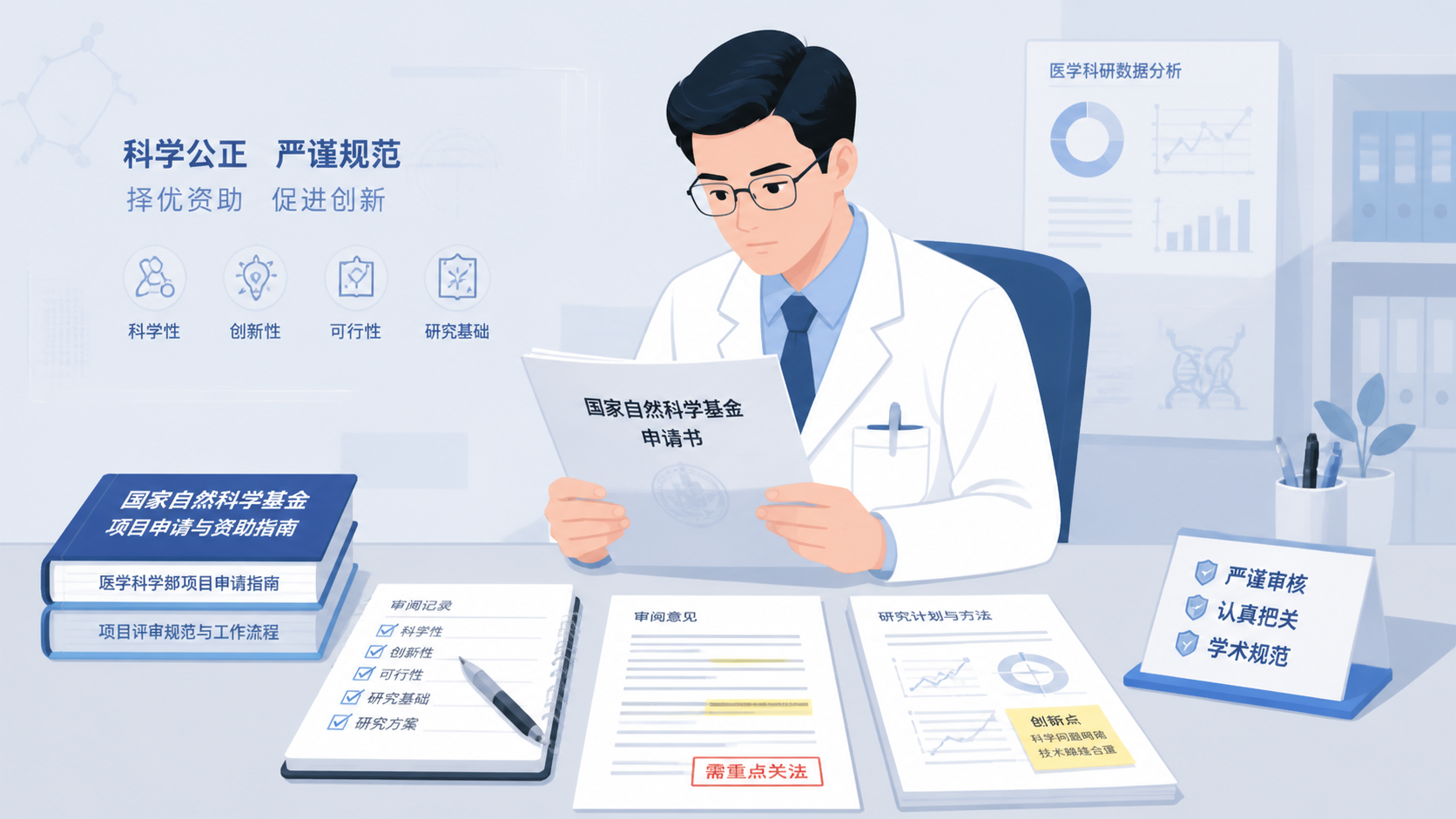 一位医生在审阅国家自然科学基金申请书，旁边放着指南、笔记本和标注重点的文件，画面强调“严谨审核”和“科研申报”。