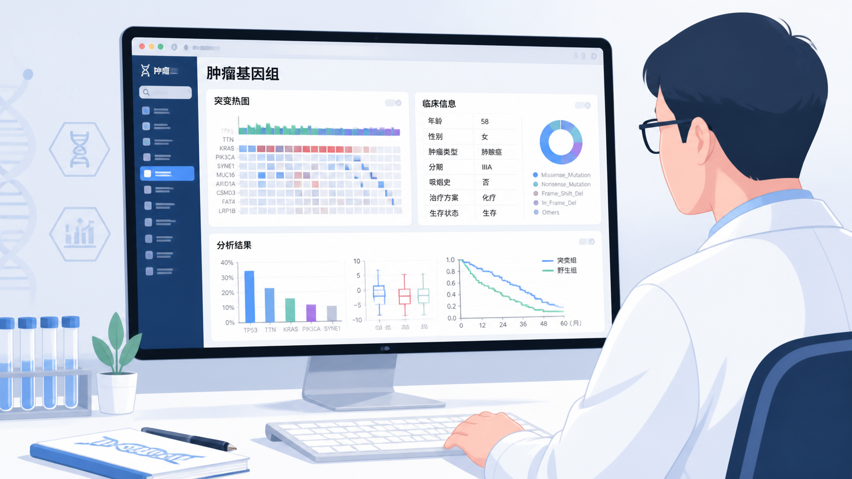 一张研究者在电脑前查看肿瘤基因组可视化结果的示意图，画面包含基因突变热图、临床信息和网页分析界面。