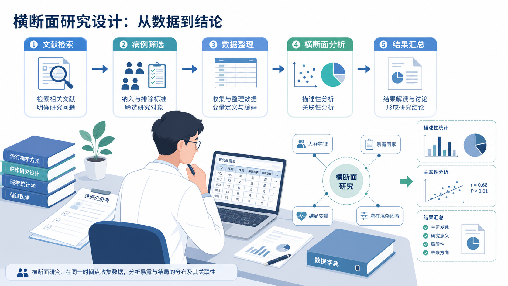 临床科研人员在文献、病例和数据表之间梳理研究思路的场景，突出横断面研究设计的流程感。