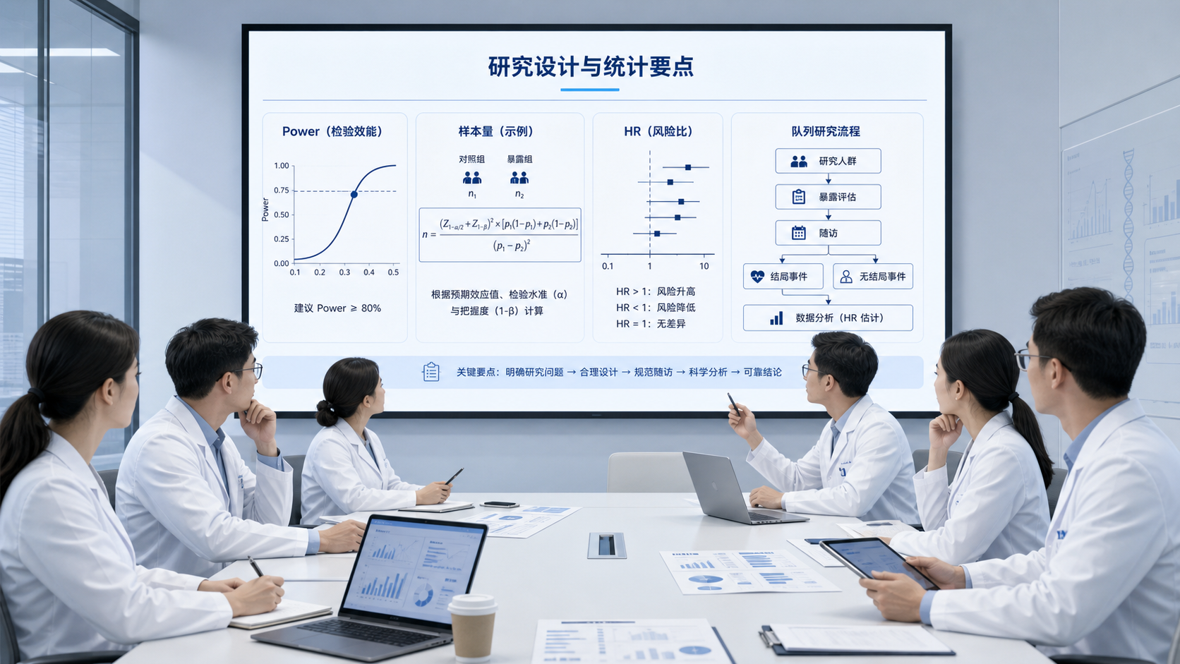 科研人员在会议桌前讨论研究设计，屏幕上展示Power、样本量、HR和队列研究流程图的专业学术配图