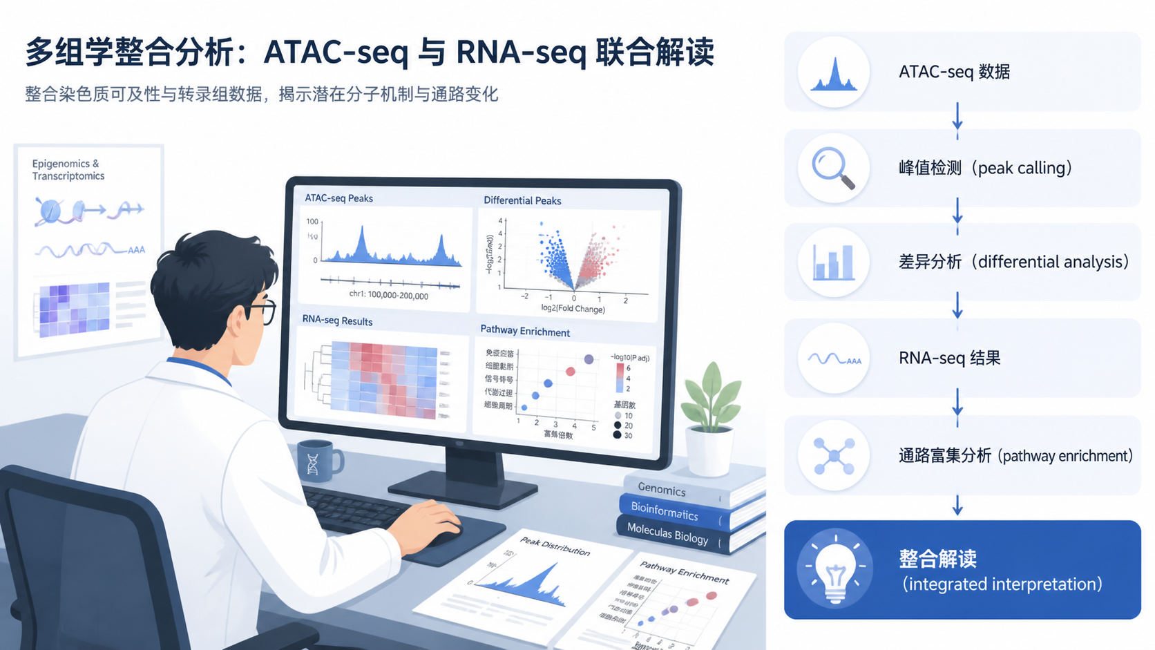 研究者在电脑前整合ATAC-seq数据库、RNA-seq结果和通路图，旁边展示清晰的分析流程图和候选靶点清单。