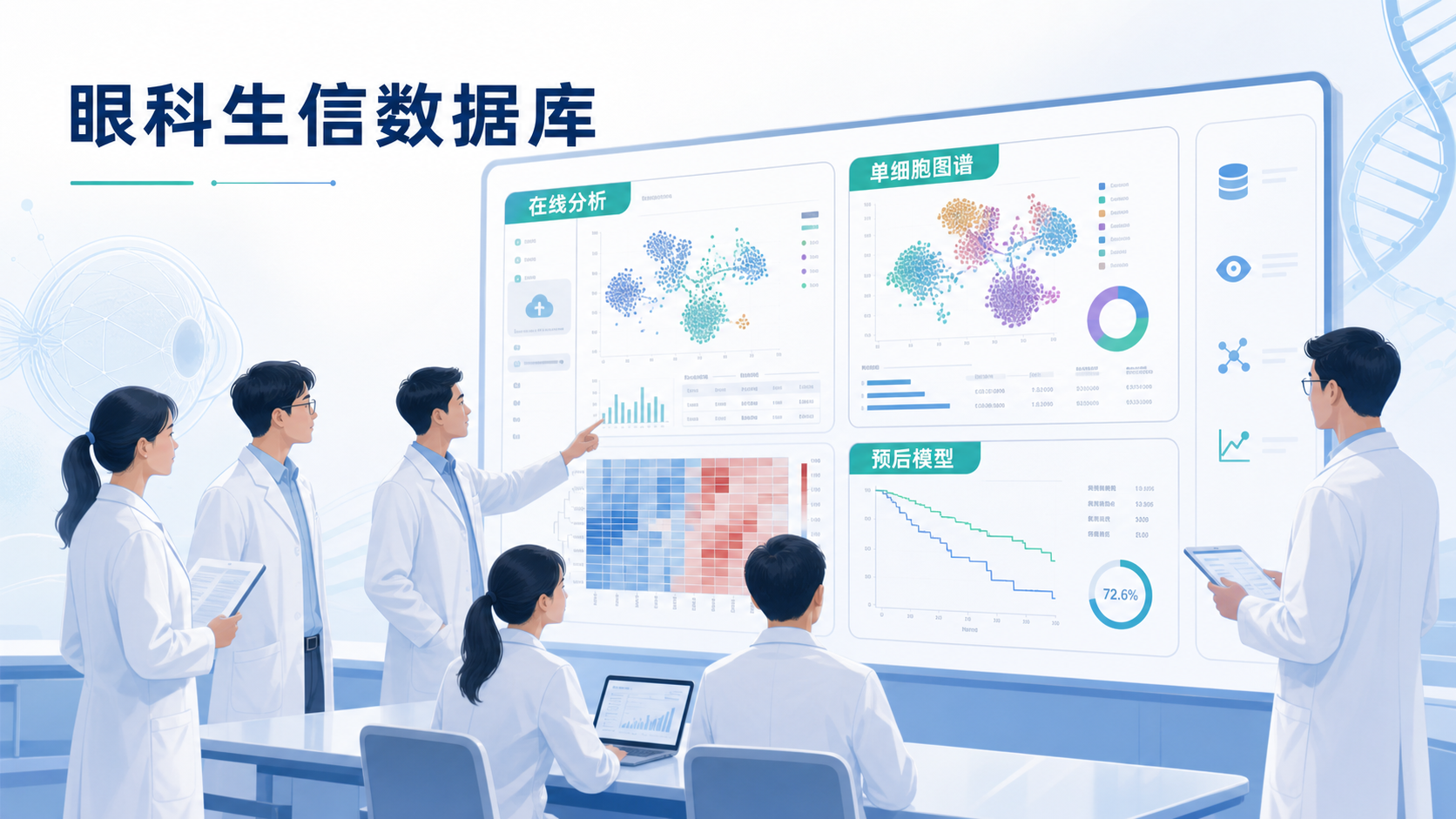 科研团队围绕眼科专科生信数据库进行讨论,屏幕展示在线分析界面、单细胞图谱和预后模型,突出平台化科研场景。