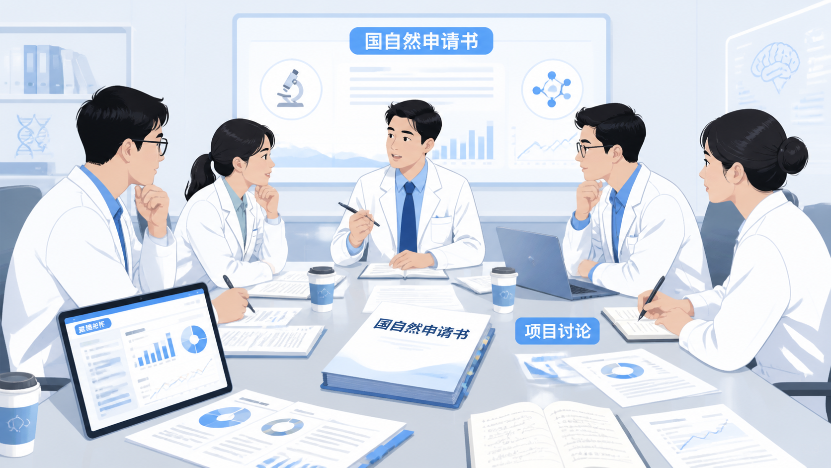 青年医生与科研团队围坐讨论国自然申请书，桌面有标书、数据图、电脑屏幕和咖啡，氛围专业、专注，传达借助专业支持提升申报成功率。