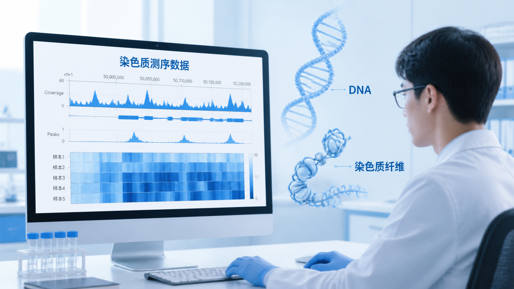 实验室场景中，科研人员在电脑前查看染色质测序数据结果图，旁边叠加DNA双螺旋和染色质纤维示意图。
