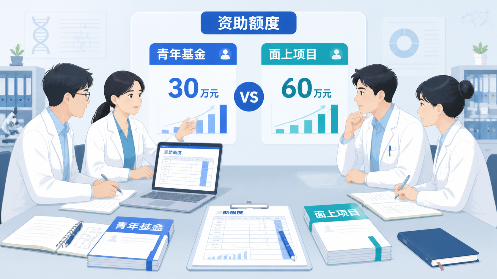 医学生和科研人员在办公室讨论国自然申请书，桌面上有青年基金、面上项目等文件资料，突出“资助额度”主题