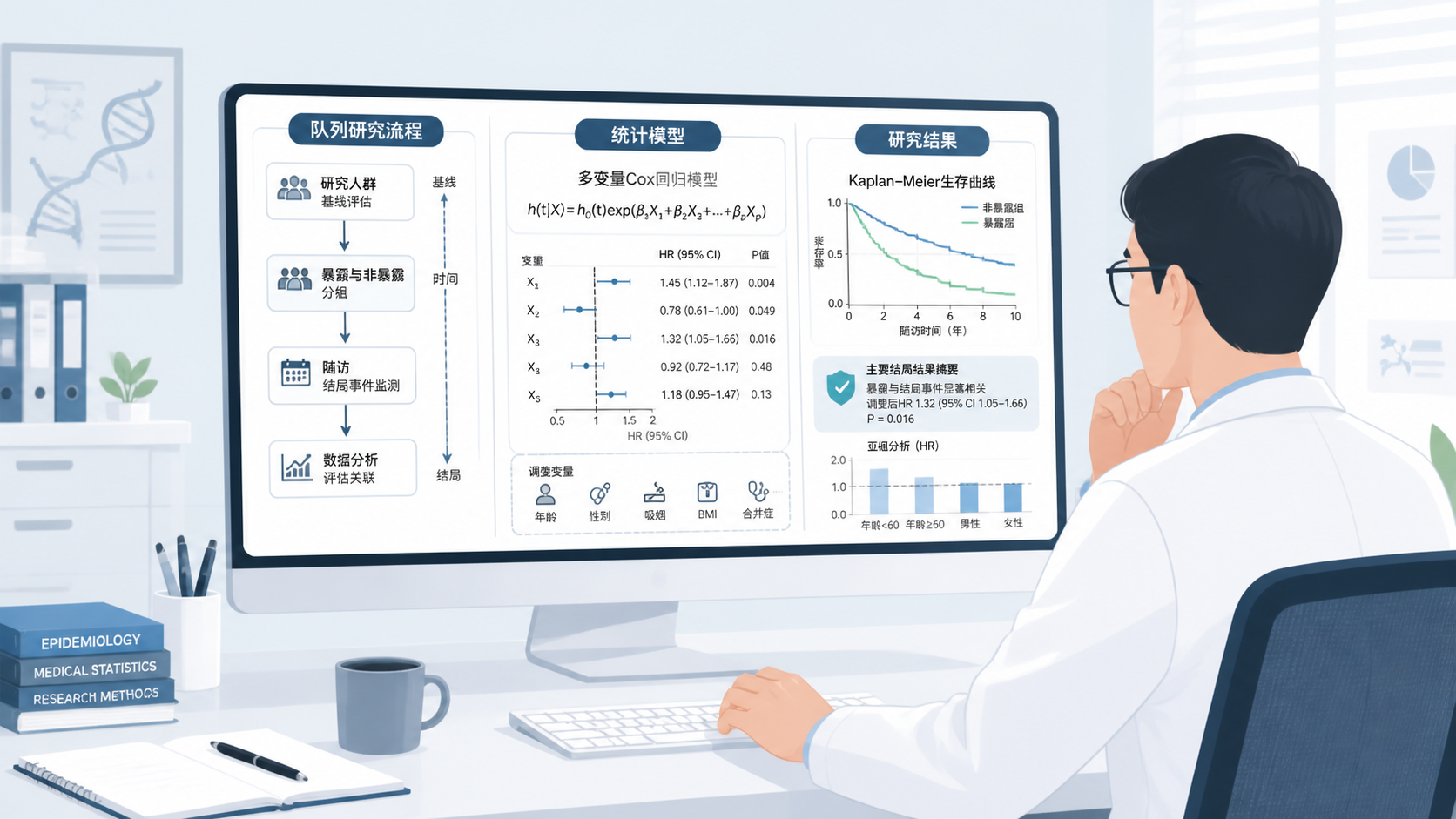 一位科研人员在电脑前查看队列研究流程图、统计模型和论文结果，画面体现规范、专业与高效。