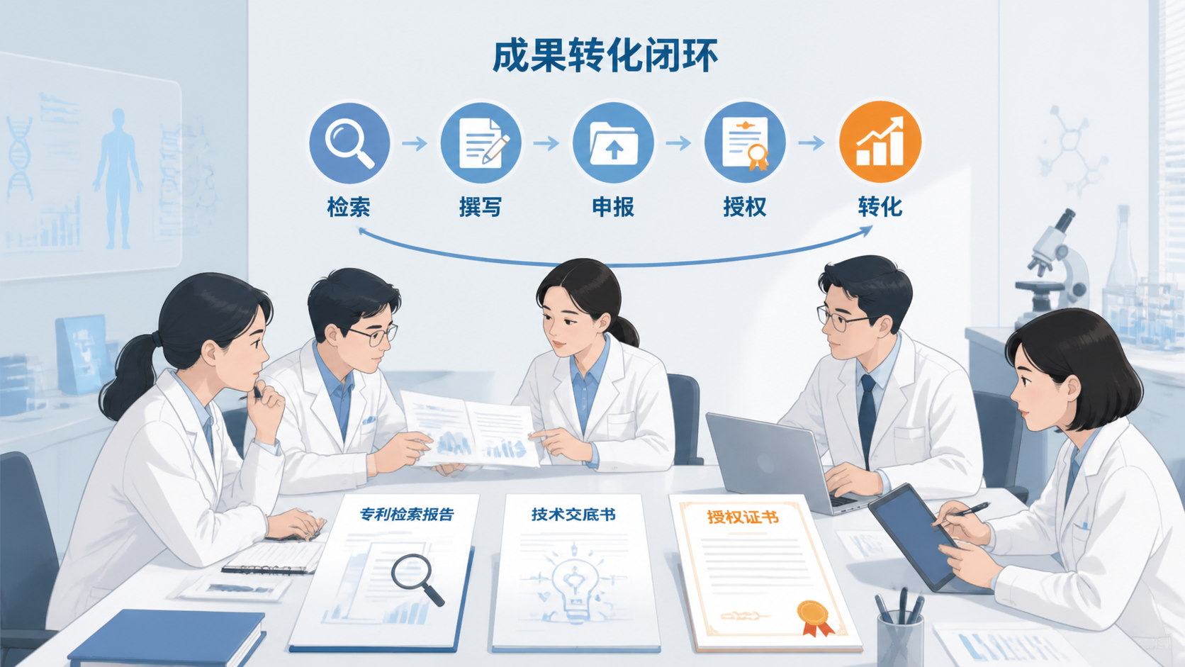 医学科研团队在办公室查看专利检索报告、技术交底书和授权证书，呈现成果转化闭环。