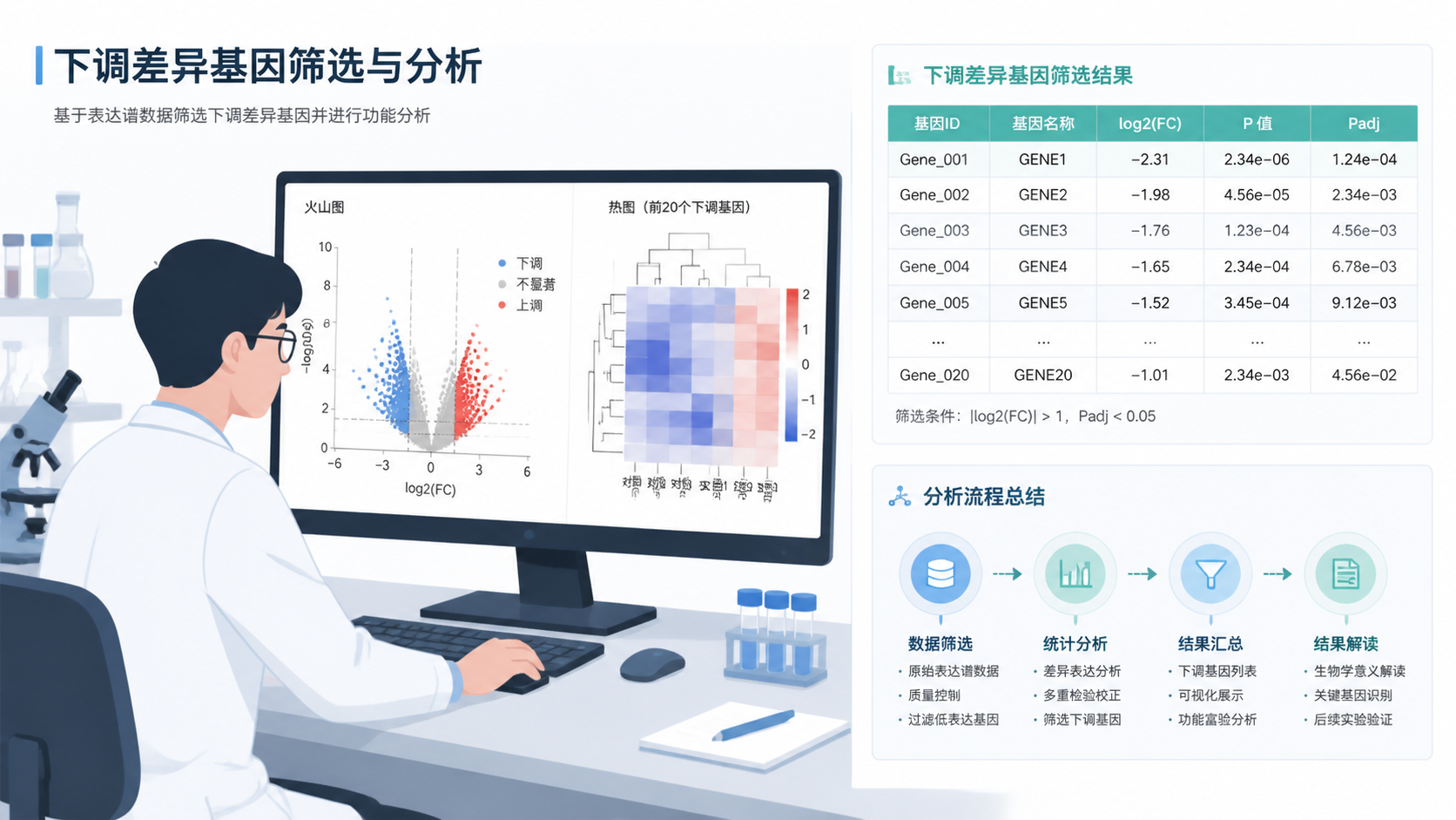 科研人员在电脑前查看火山图和热图，旁边展示下调差异基因筛选结果表格与流程总结图
