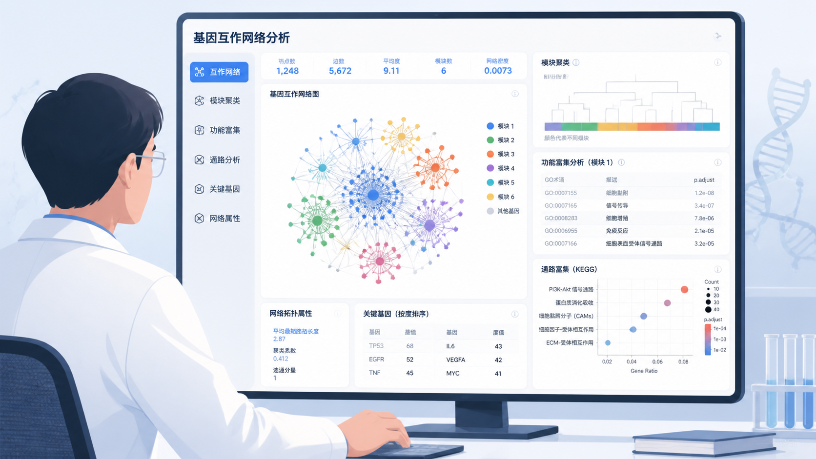 科研人员在电脑前分析基因互作网络图,界面展示节点、连线和富集结果,风格专业、清晰。
